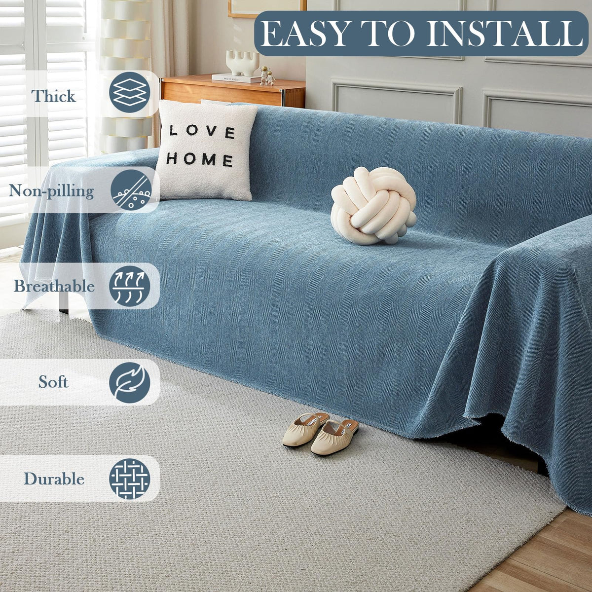 Handontime Couch Slipcover Dog Sofa Covers Boho Couch Cover For Dogs Blue Sofa Throw Cover Bohemian Sofa Covers For 3 Cushion Couch Herringbone Sectional Couch Cover Slipcovers For Sofas, 91' X134'