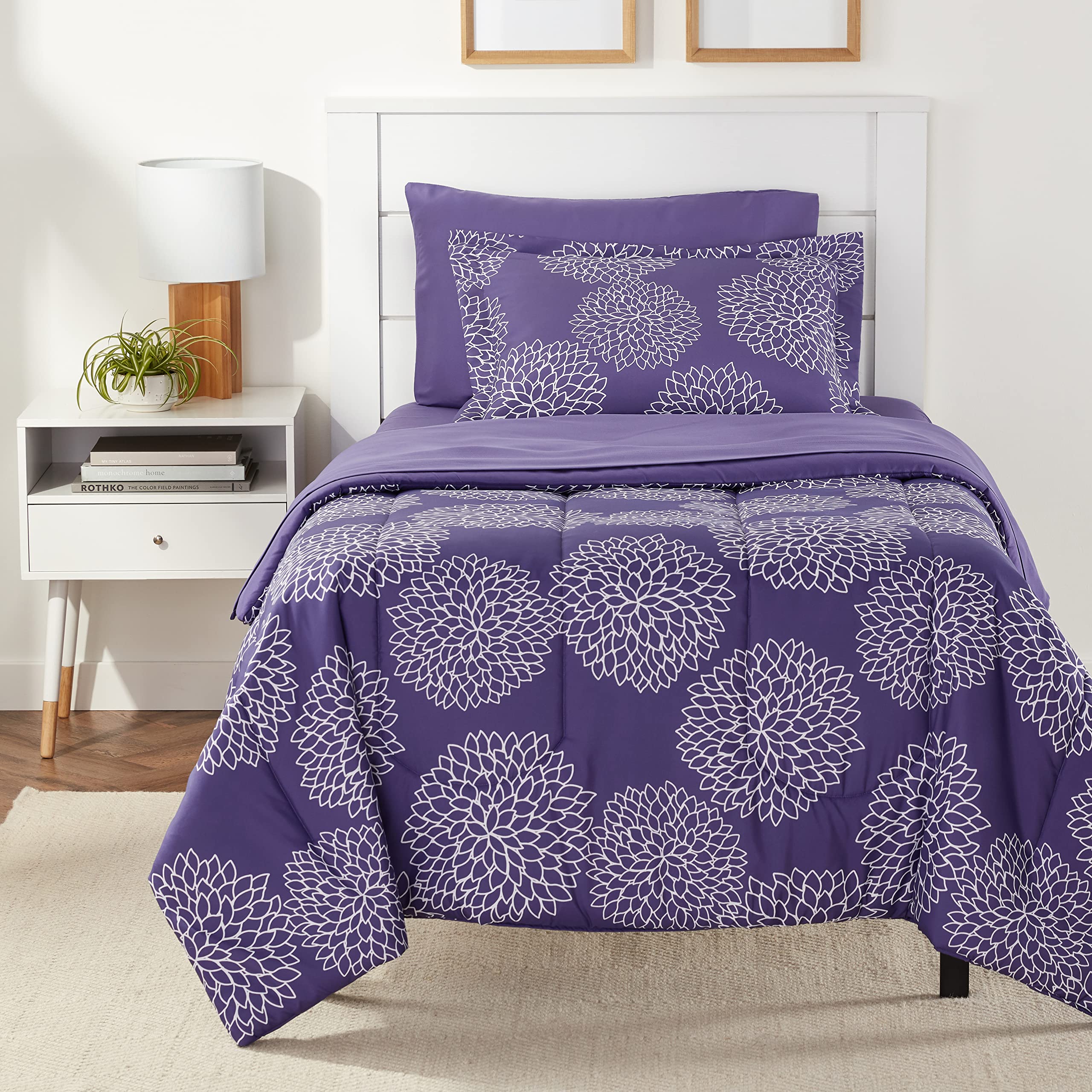 Amazon Basics Twin XL Comforter Set with Sheets, 5-Piece Purple Floral Bedding, Lightweight Microfiber Bed-in-a-Bag