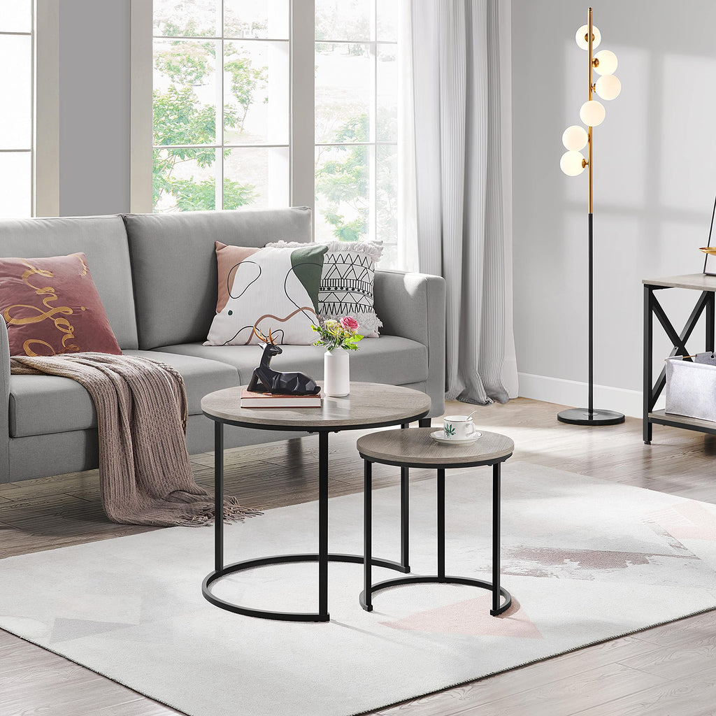 Yaheetech Nesting Coffee Table Set Of 2, Nesting Table, Rustic Stacking Side Tables, Nesting End Table Set W/Round Wooden Tabletop And Sturdy Metal Base For Living Room,Small Space, Gray