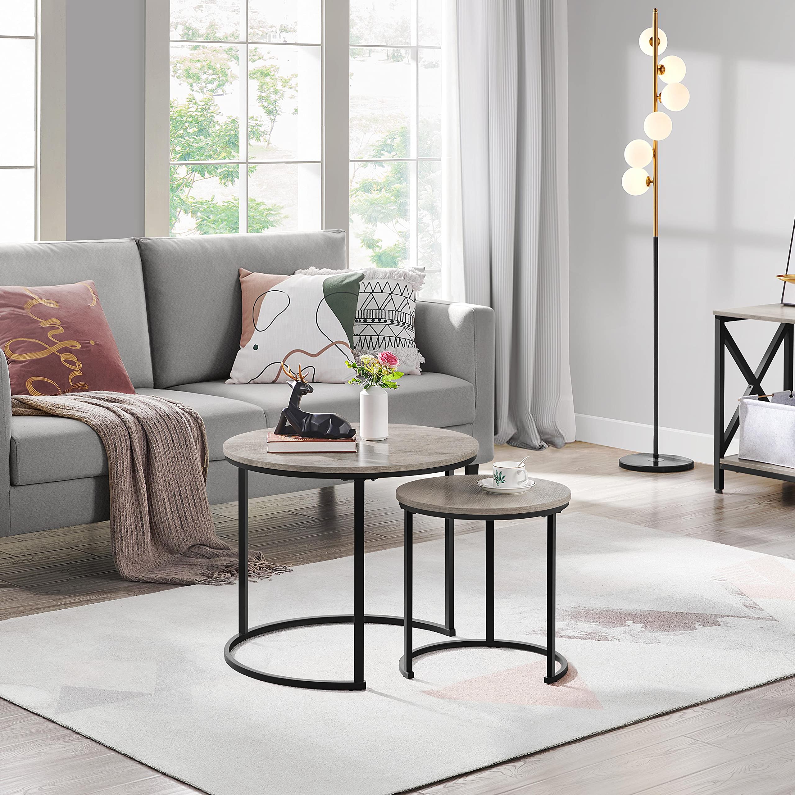 Yaheetech Nesting Coffee Table Set Of 2, Nesting Table, Rustic Stacking Side Tables, Nesting End Table Set W/Round Wooden Tabletop And Sturdy Metal Base For Living Room,Small Space, Gray