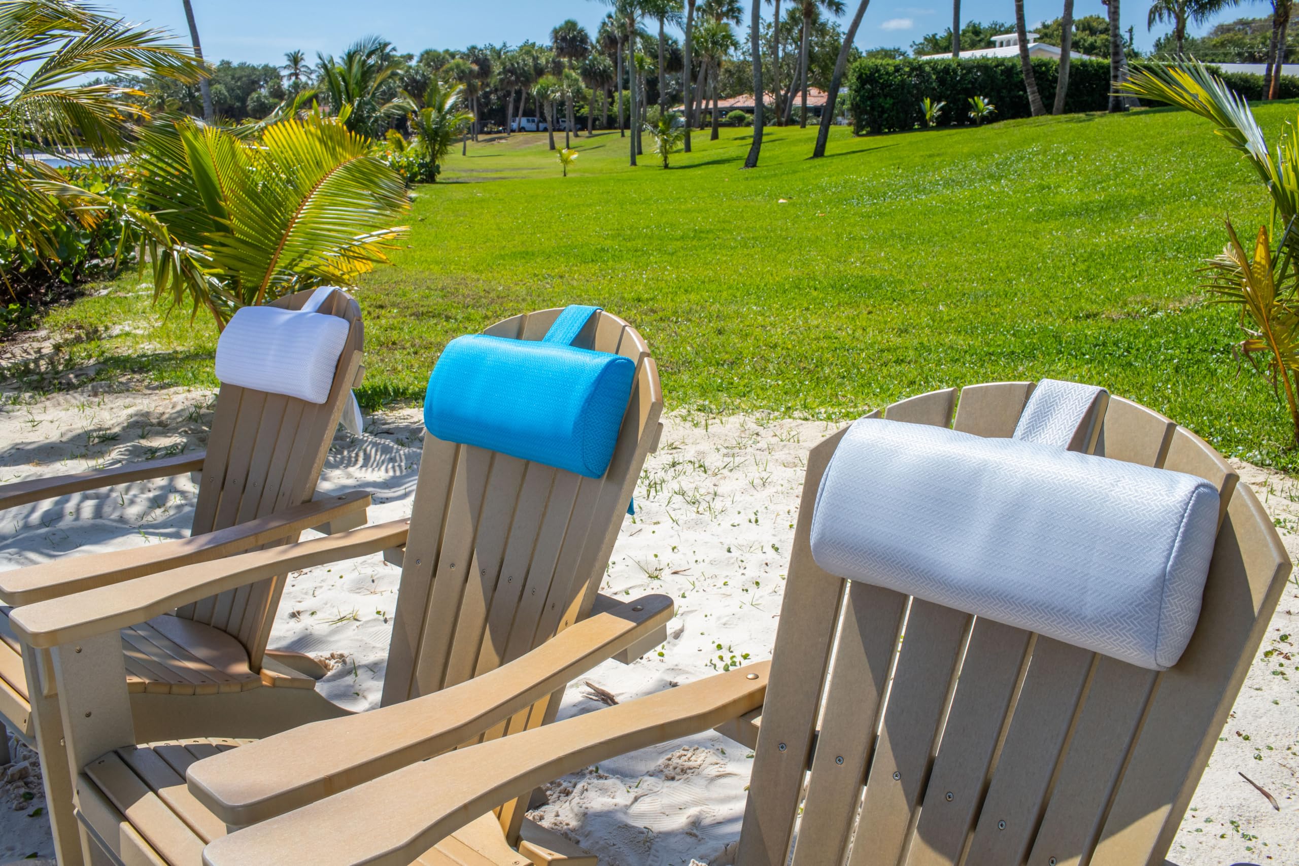 Rezvani Headrest Pillow For Patio Chaise Lounge, In Pool Lounger On Ledge With Non-Slip Weighted Tail And Cellphone Pocket, Quic