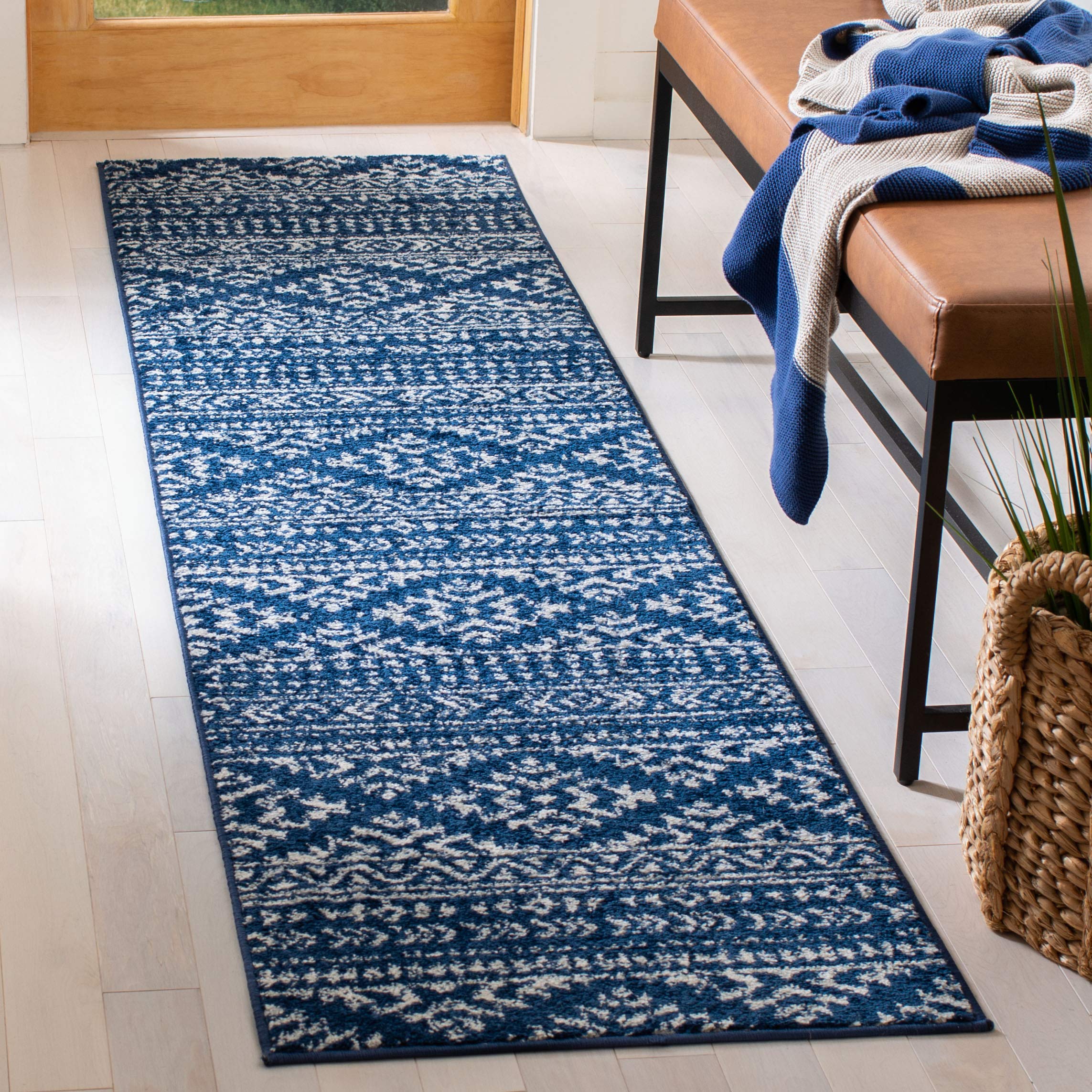 SAFAVIEH Tulum Collection Runner Rug - 2 x 19, Navy & Ivory, Moroccan Boho Tribal Design, Non-Shedding & Easy Care, Ideal for 