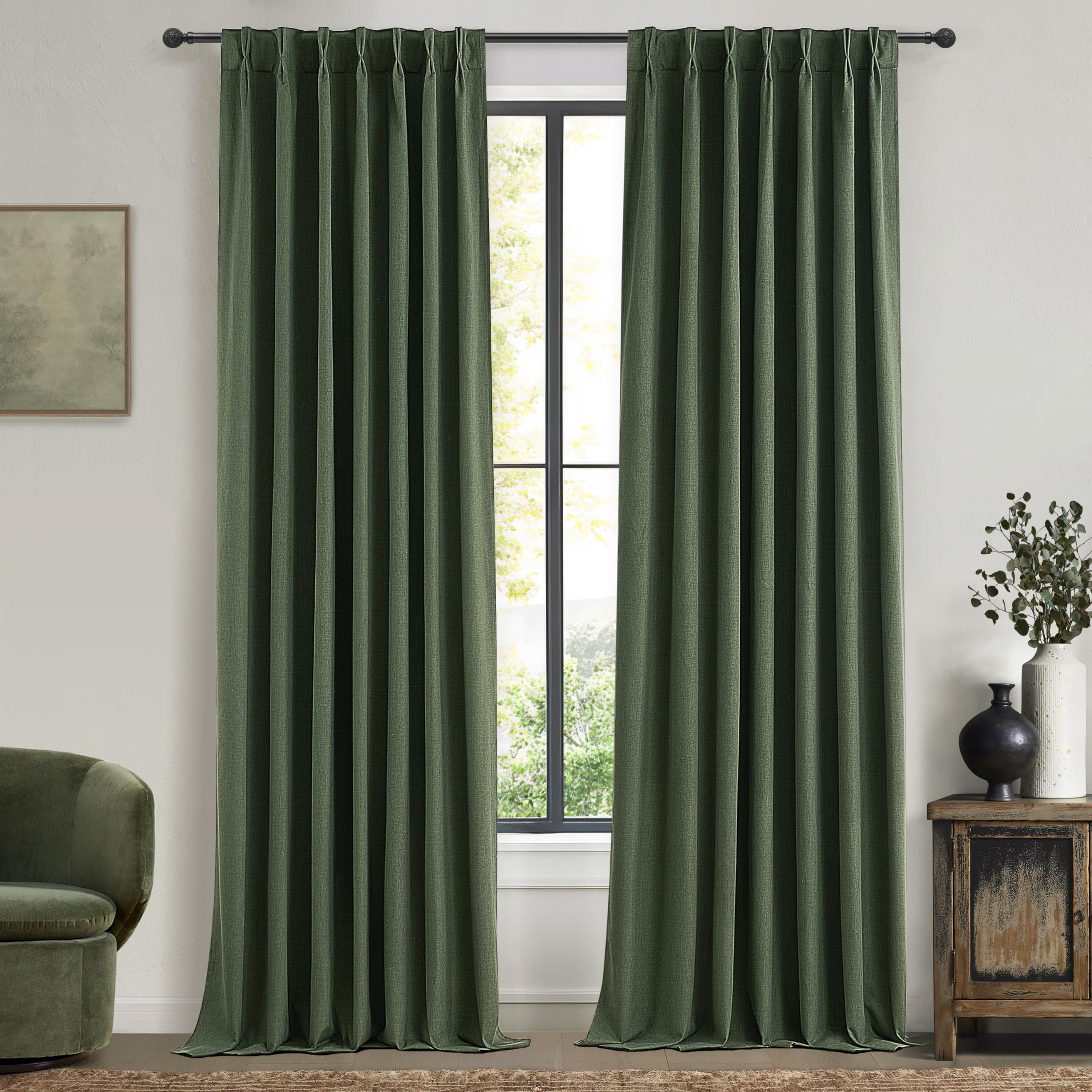 Lush Decor 132 Inch Long Insulated Back Tab Pinch Pleated Curtains, Linen Olive Green Blackout Large Window Drapes, Room Darkeni