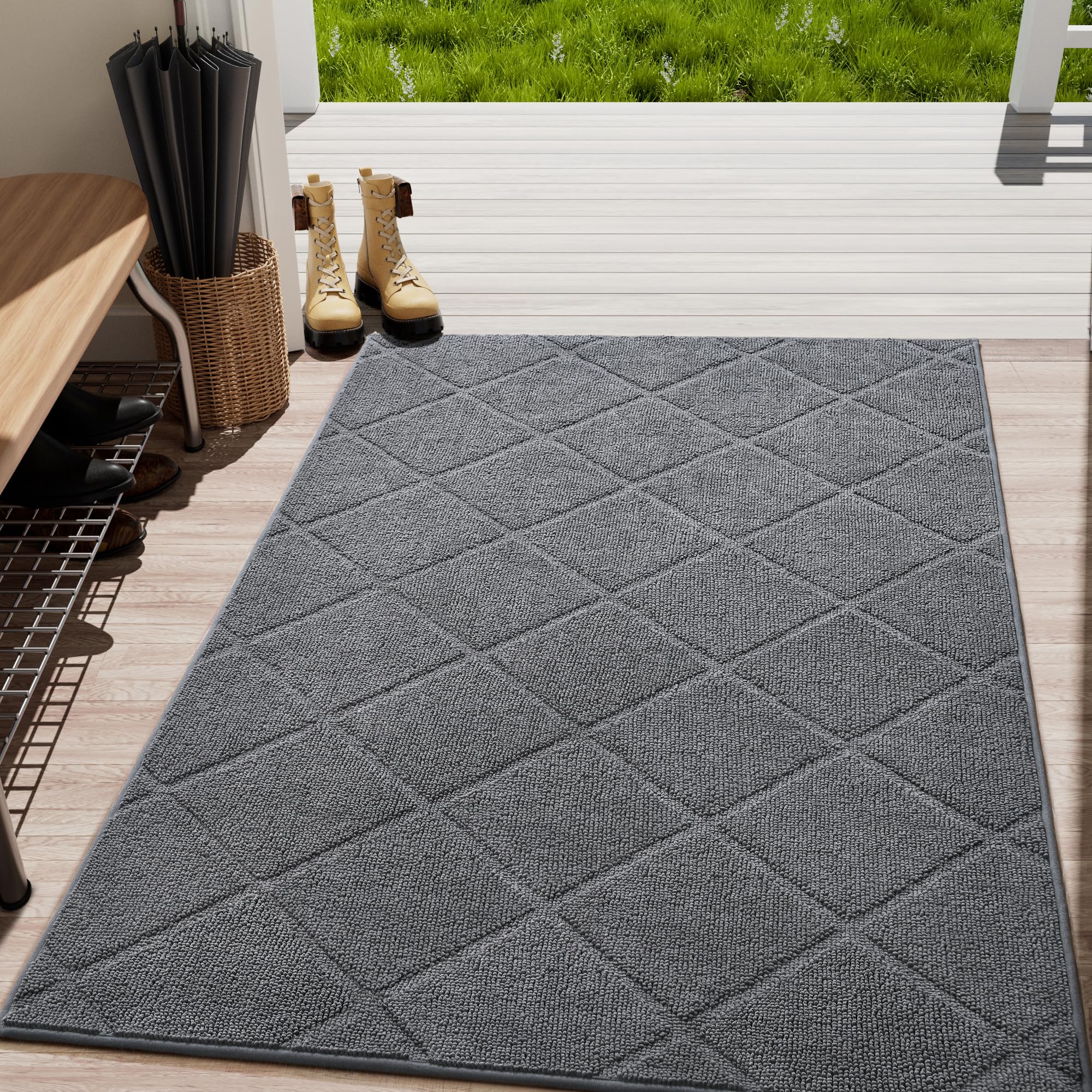 Lochas Grey Indoor Door Mat 35X59 Inch, Rubber Backing, Washable Absorbent Chenille Doormat, Low-Profile, Non Slip Microfiber En