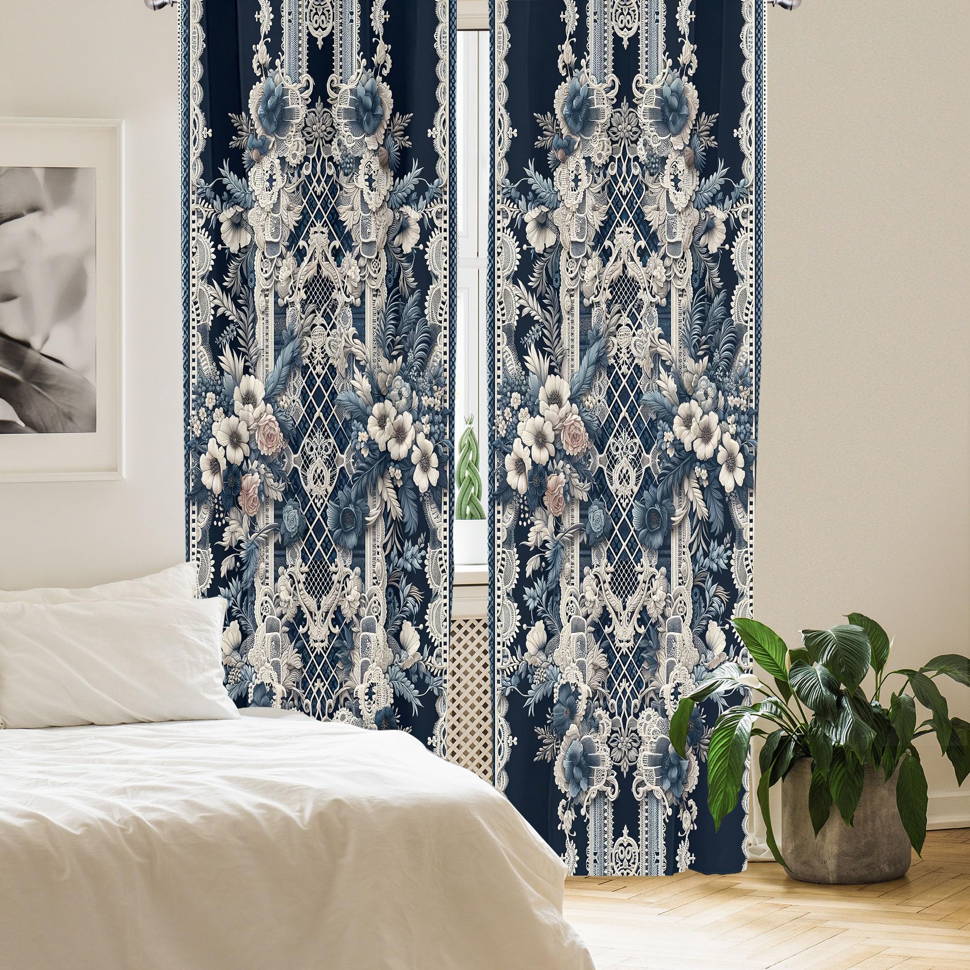 Ambesonne Victorian Curtains, Cold Tone Lace Pattern With Floral Curlicue Leaves Baroque Tile Art, Window Treatments 2 Panel Set