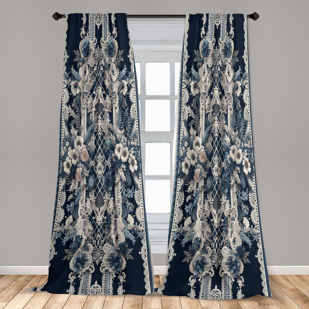Ambesonne Victorian Curtains, Cold Tone Lace Pattern With Floral Curlicue Leaves Baroque Tile Art, Window Treatments 2 Panel Set