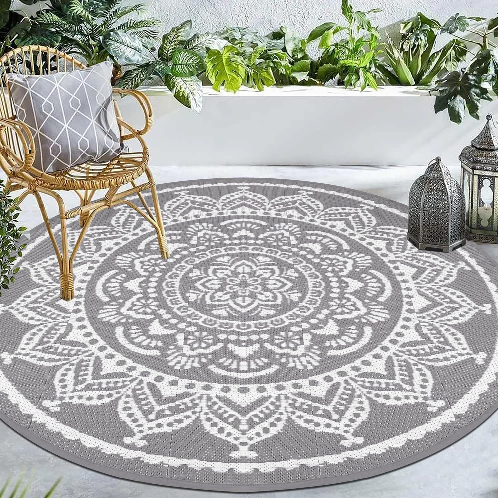 Bsmathom Round Outdoor Rug 6Ft, Waterproof Plastic Straw Rug, Reversible Portable Camping Rug Carpet Outside Area Rugs For Campi