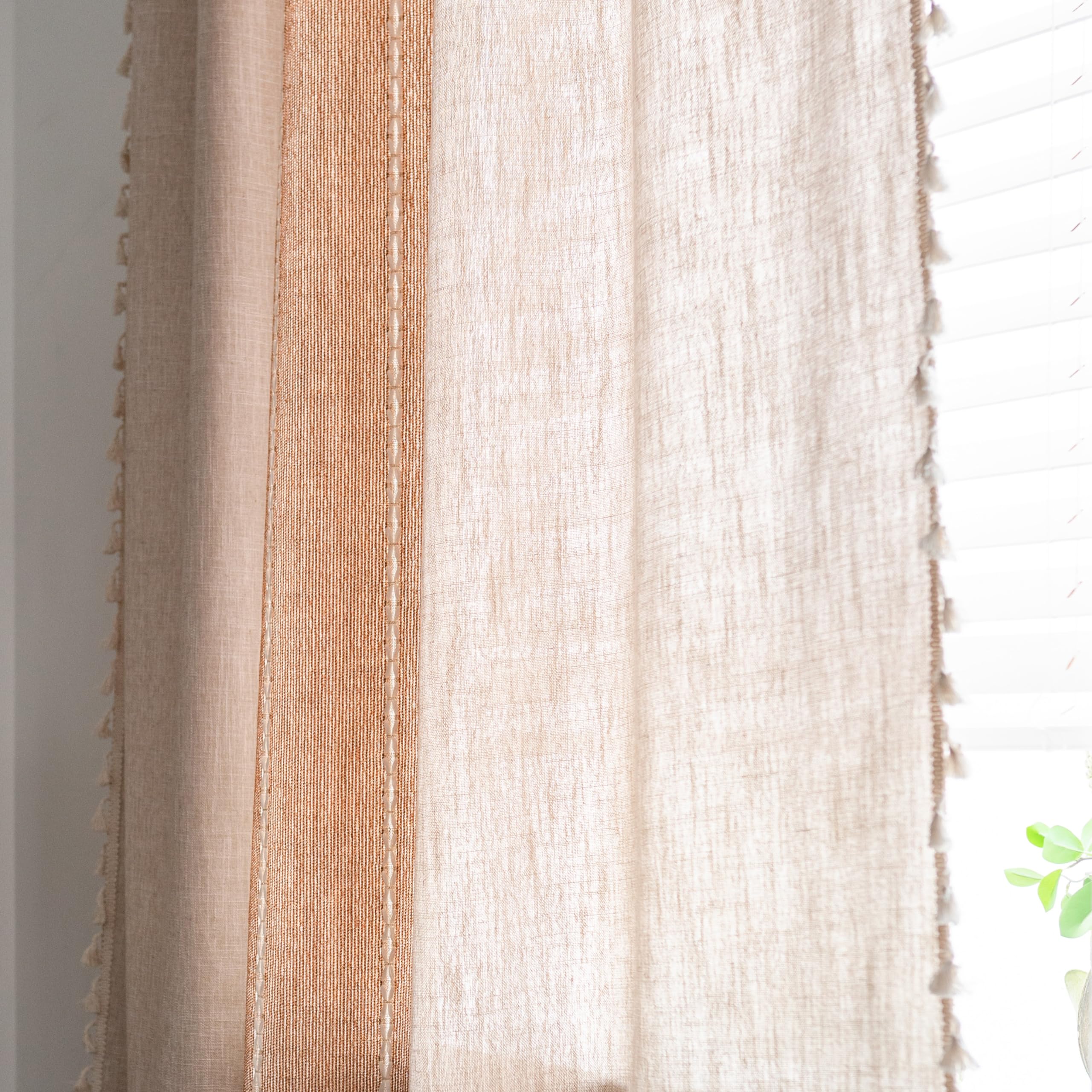 Sutuo Home Boho Curtains For Bedroom Living Room, Semi Blackout Linen Striped Farmhouse Vintage Tassels Window Treatment Bohemian Embroidery Drape, Rod Pocket 1 Panel 52' W X 120' L, Coffee Linen