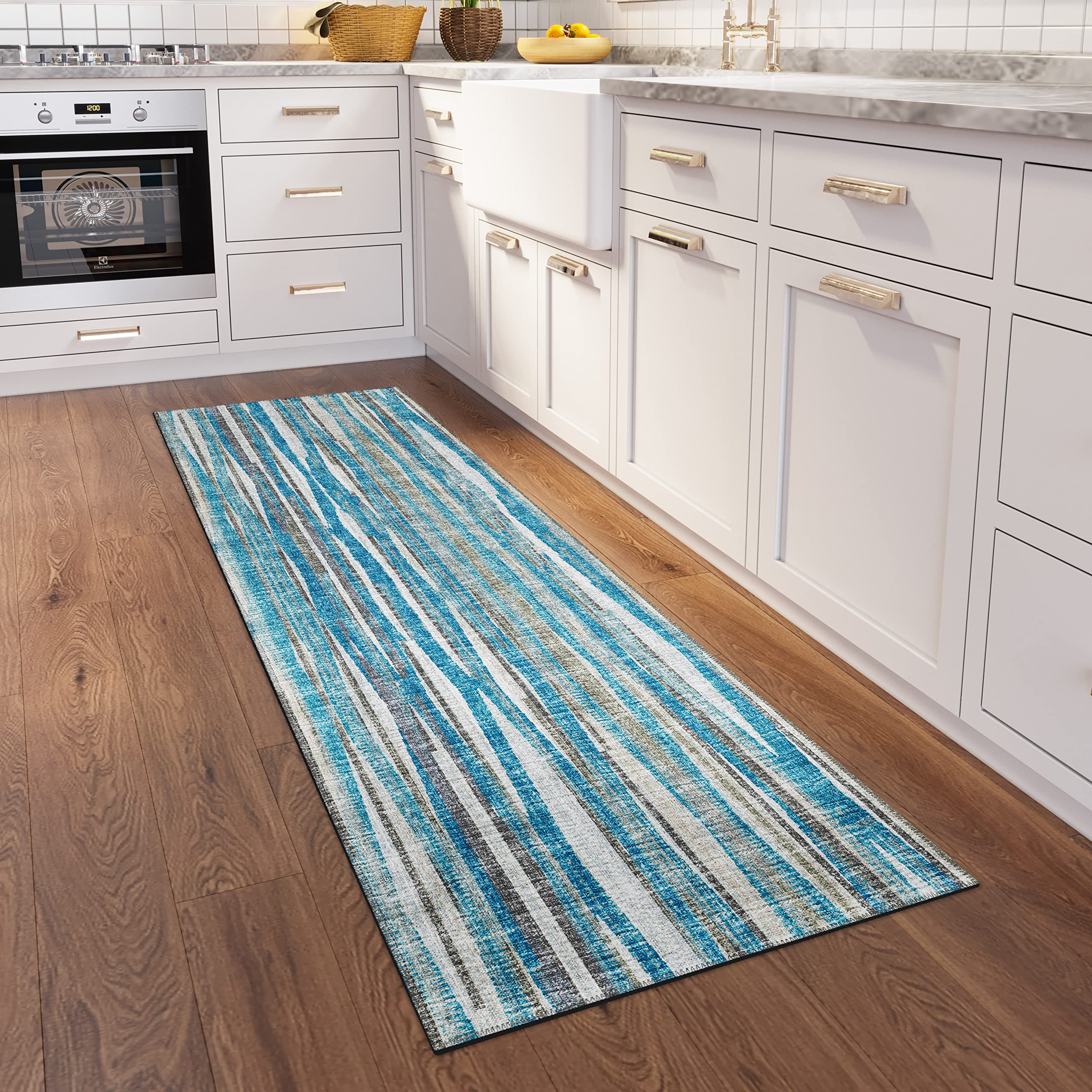 Addison Rugs Waverly 2'3" X 7'6" Awa31 Blue Indoor Outdoor Hallway Runner Rug, Stain Resistant Carpet For Bathroom, Laundry Room, Easy Clean, Machine Washable, Non Shedding, Living Room, Dining Room
