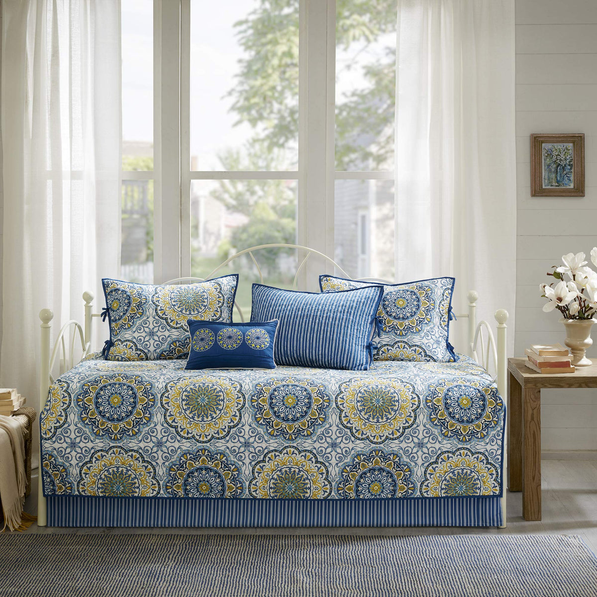 Madison Park Daybed Cover Set-Double Sided Quilting Casual Design All Season Bedding With Bedskirt, Matching Shams, Decorative Pillow, 75'X39', Medallion Blue 6 Piece