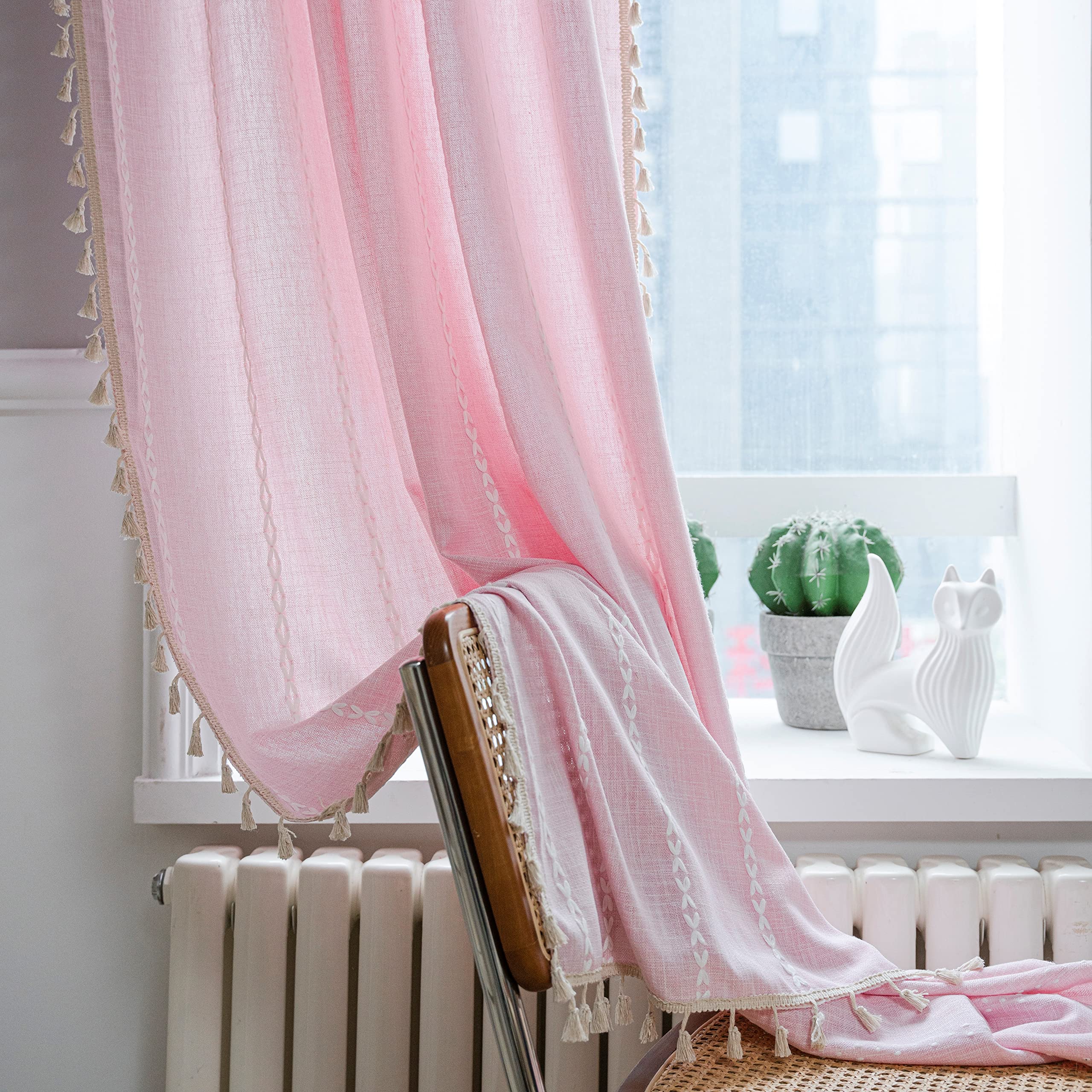 Sutuo Home Boho Curtains For Bedroom 96 Inches Long, Light Filtering Farmhouse Shabby Chic Tassels Window Treatment Bohemian Embroidery Drape, Rod Pocket 1 Panel 52' W X 96' L, Pink