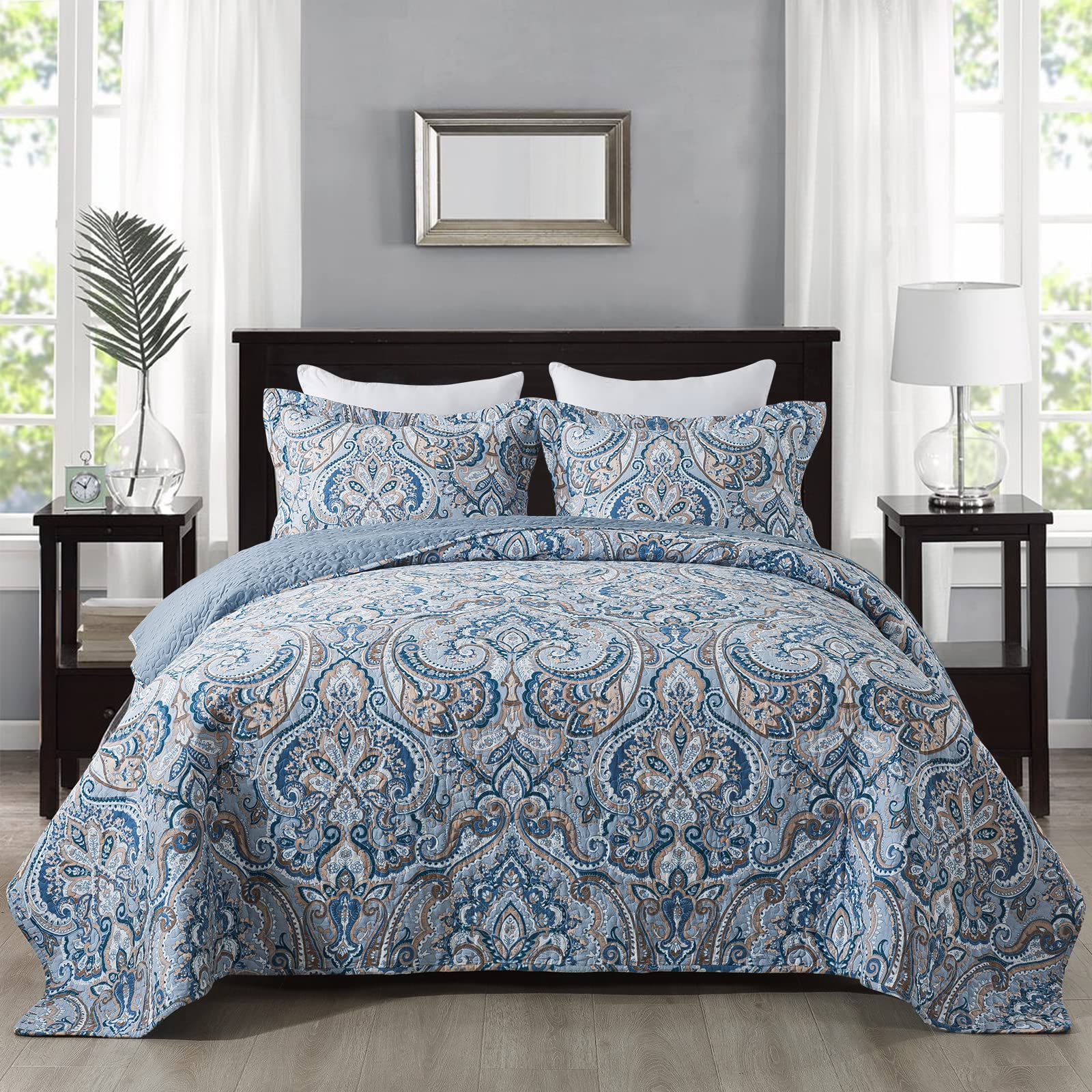 Newlake Cotton Bedspread Quilt Sets-Reversible Patchwork Coverlet Set, European Grey Floral Pattern, Queen Size