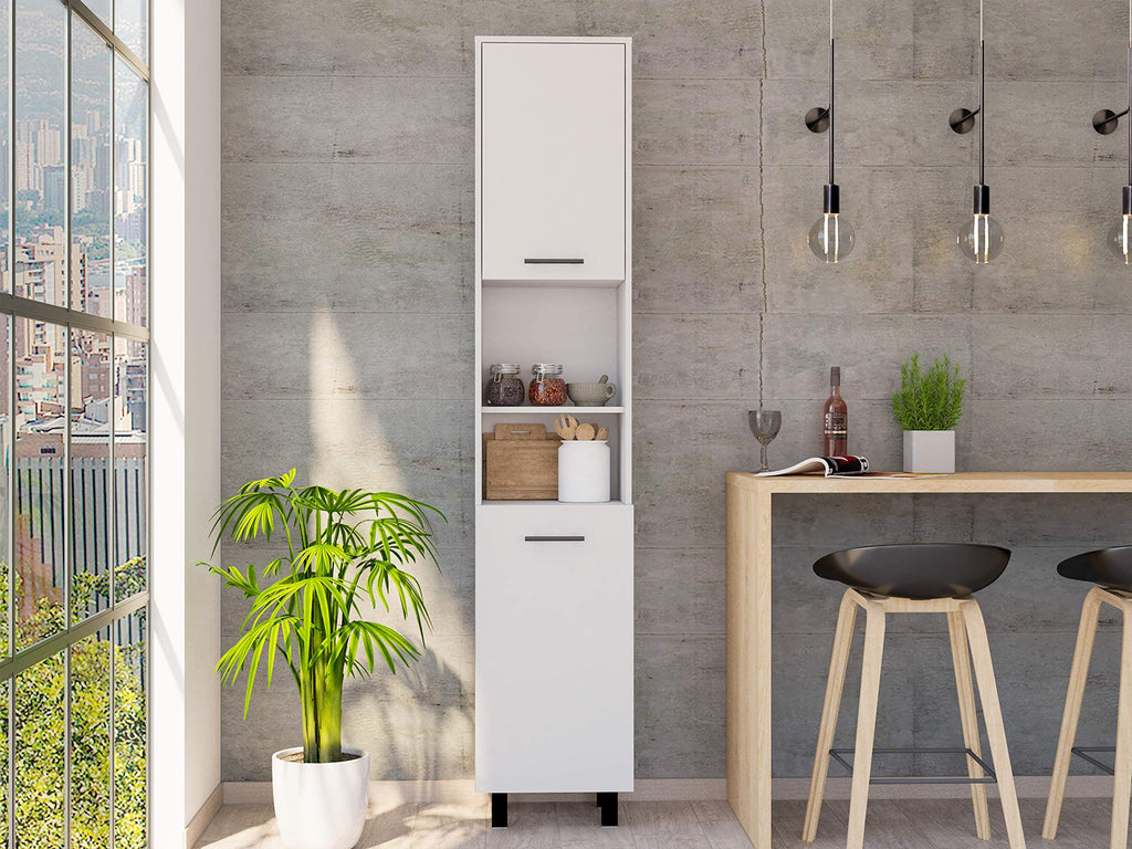Kitchen Pantry 79" H, 2 Open Storage Shelves, 3 Internal Shelves, 2 Doors, 4 Legs, White