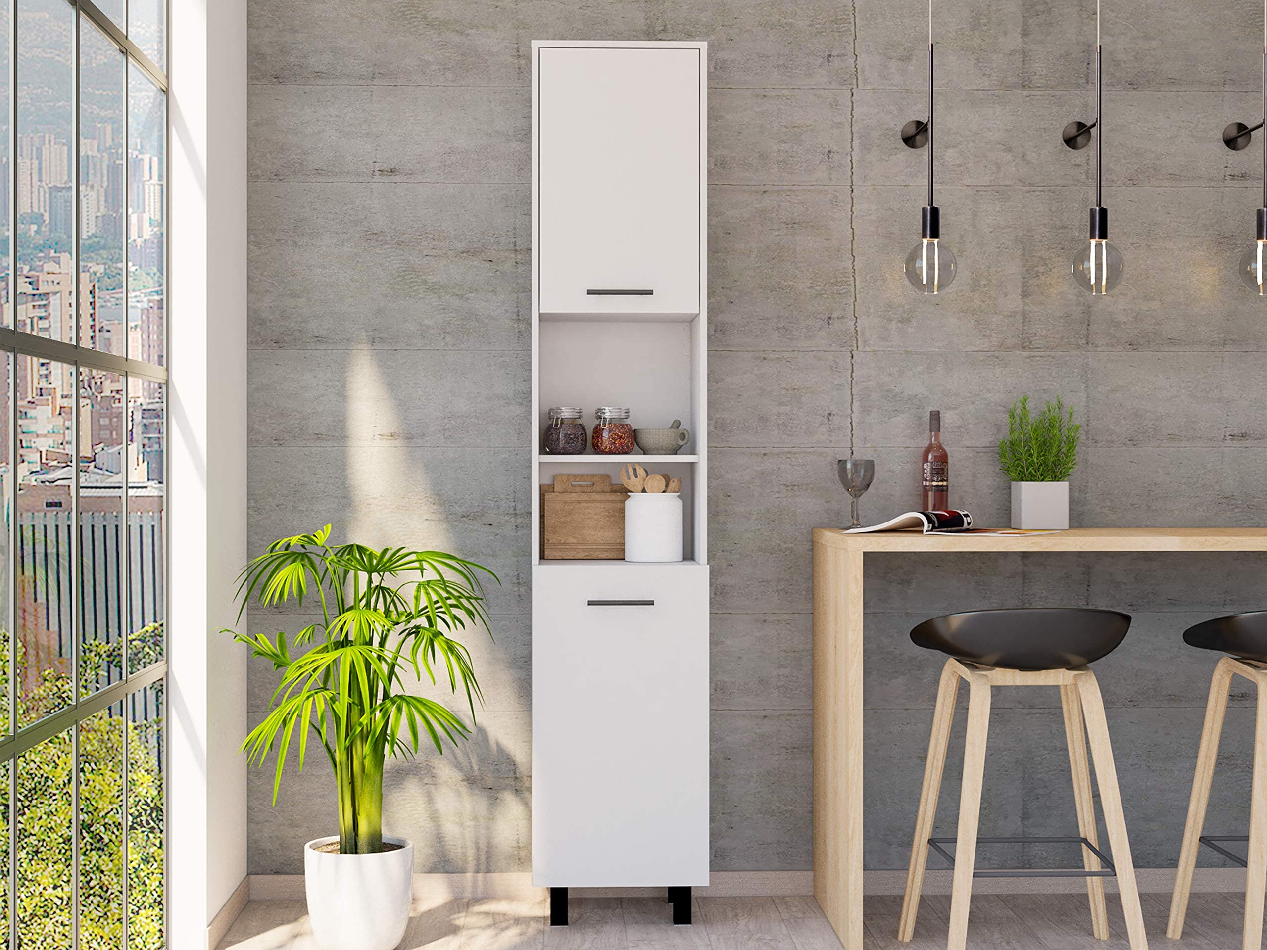 Kitchen Pantry 79" H, 2 Open Storage Shelves, 3 Internal Shelves, 2 Doors, 4 Legs, White