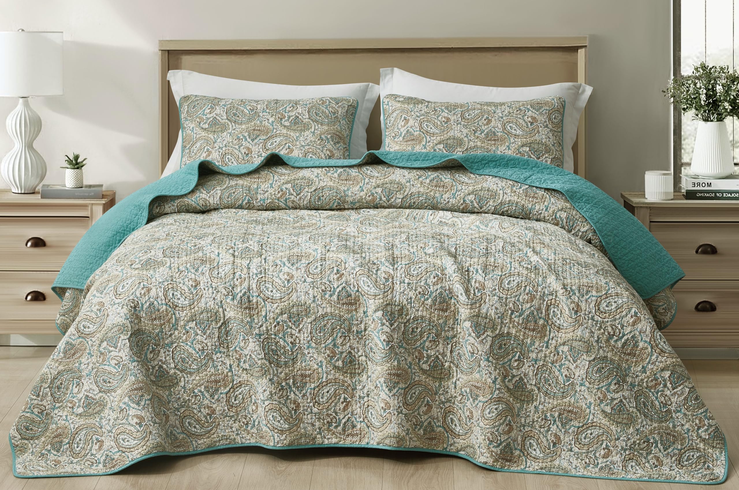 Chezmoi Collection Presley 2-Piece Printed Paisley Floral Cotton Quilt Set Twin Size - Elegant Teal Ivory Brown Paisley Floral -