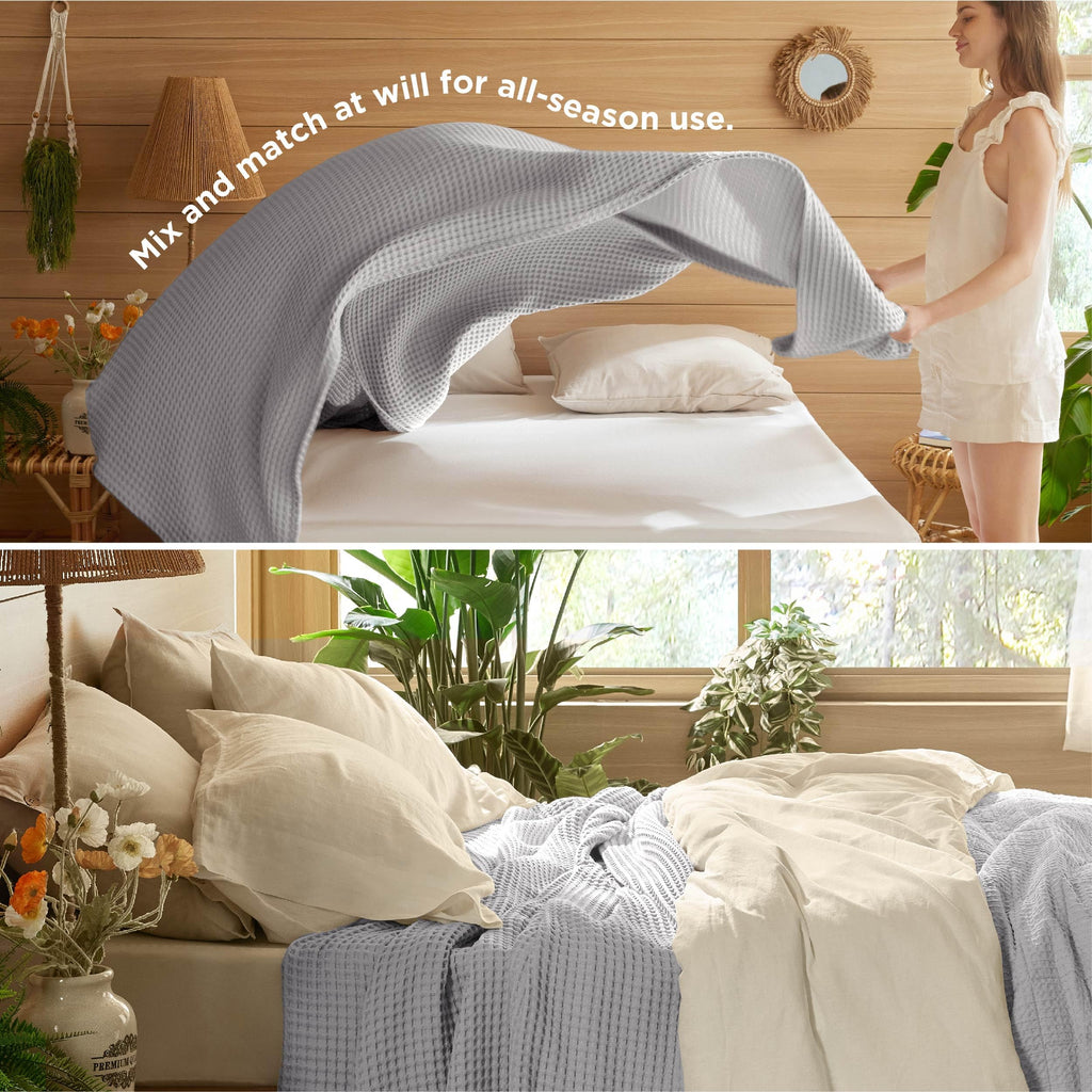 Bedsure 100% Cotton Blanket Queen Size For Bed - Waffle Weave Blankets Queen Size, Soft Lightweight Thin Blankets For Summer, Gr