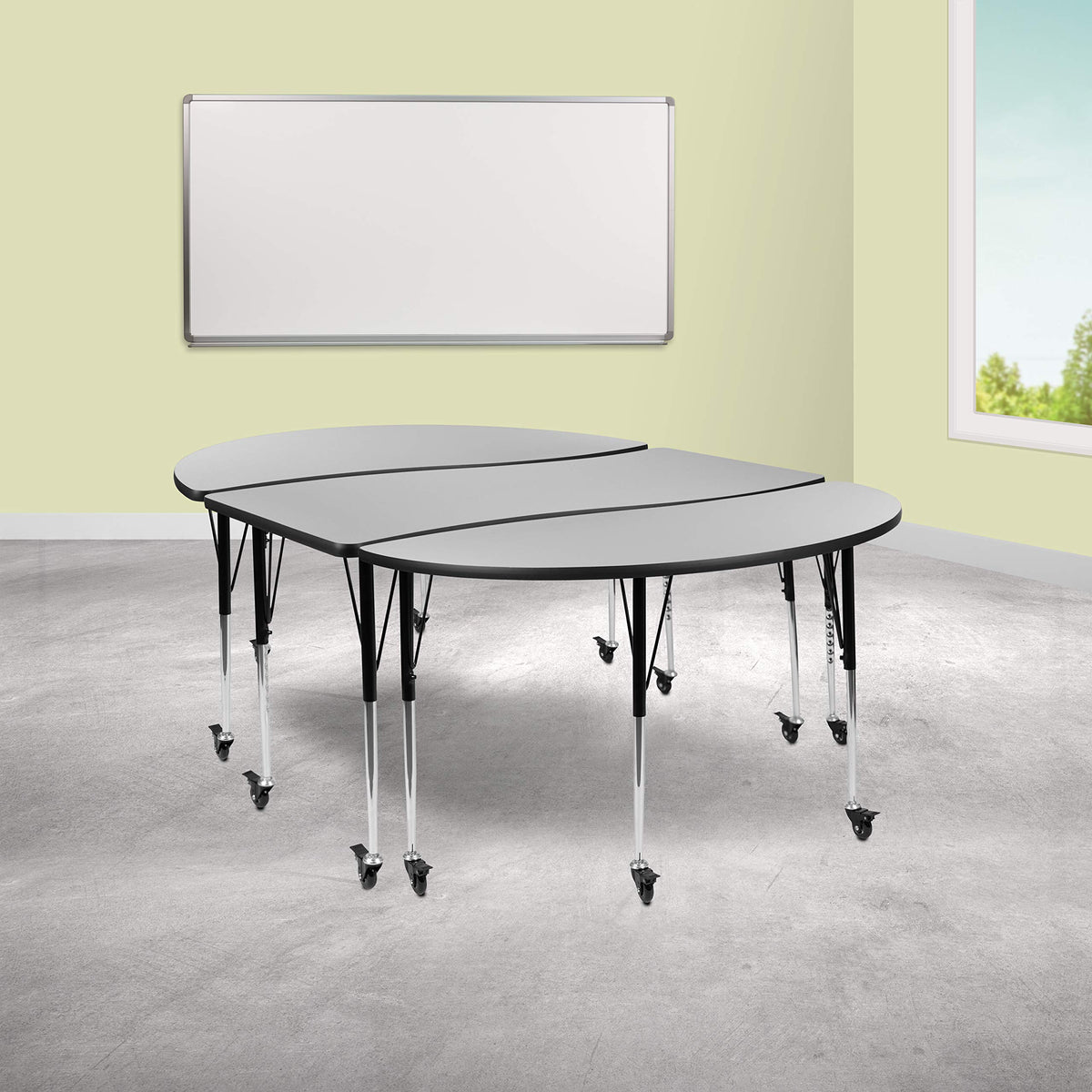 Flash Furniture Emmy 3 Piece Mobile 86" Oval Wave Flexible Grey Thermal Laminate Activity Table Set-Standard Height Adjustable Legs