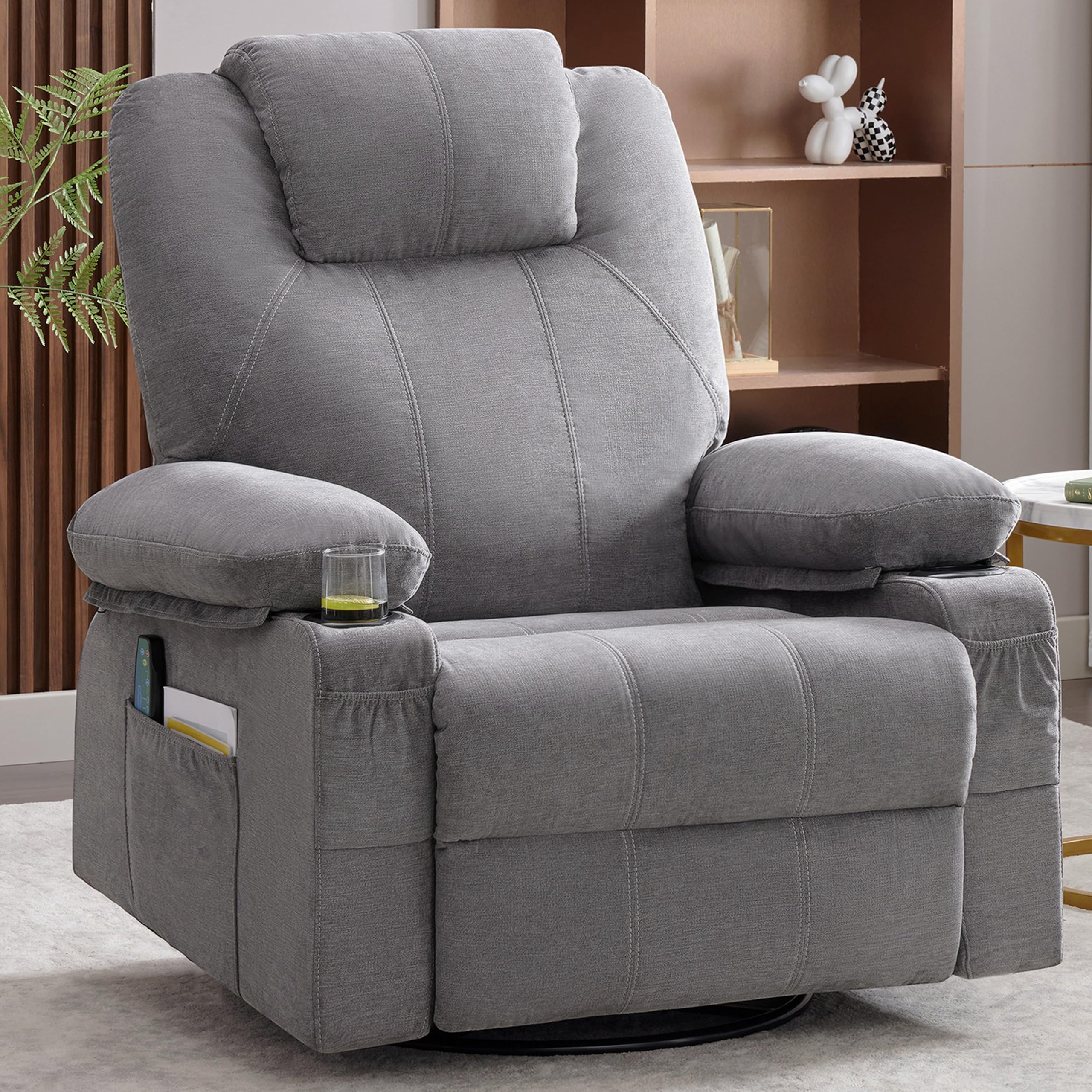 Weture Swivel Rocker Recliner Chair With Heat And Massage, 360 Degree Swivel Rocking Single Sofa With Cup Holders And Usb Port,