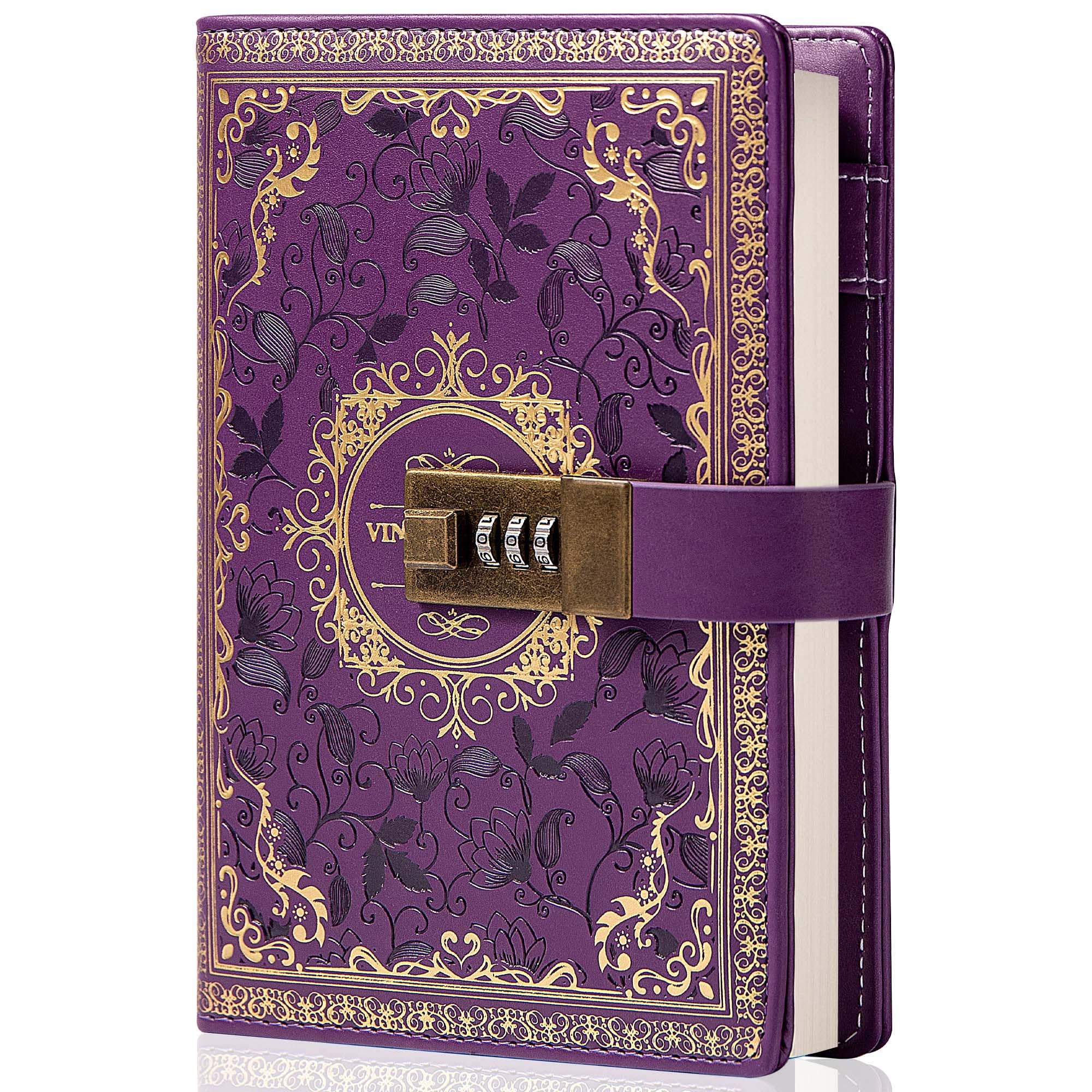 Vintage Leather Journal Notebook with Combination Lock, A5 Embossed Flower Secret Diary Ruled Lined Paper for Writing, Gift for 