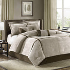 Madison Park Cozy Comforter Set Casual Blocks Design All Season, Matching Bed Skirt, Decorative Pillows, California King (104 In X 92 In), Dallas Taupe/Brown, 7 Piece