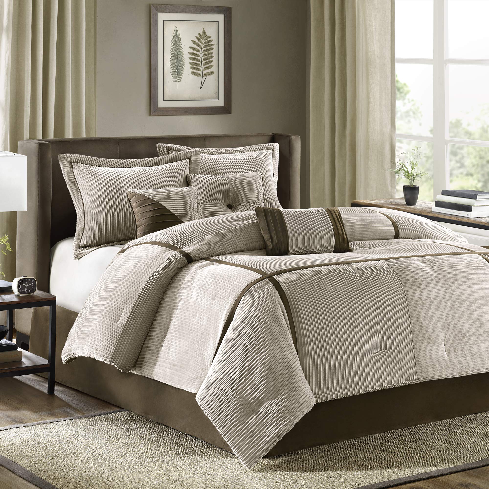 Madison Park Cozy Comforter Set Casual Blocks Design All Season, Matching Bed Skirt, Decorative Pillows, California King (104 In X 92 In), Dallas Taupe/Brown, 7 Piece