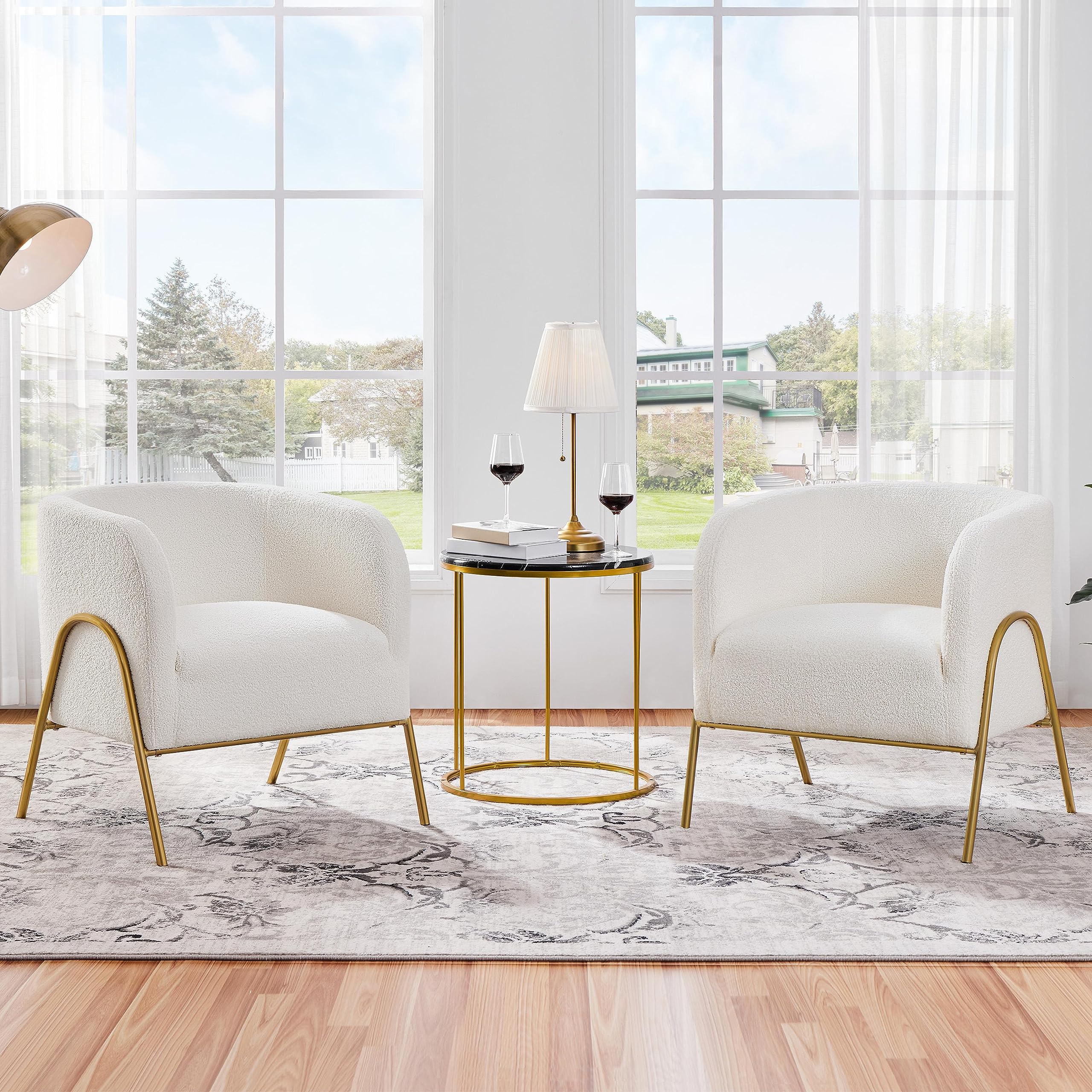Yaheetech Accent Chair Set of 2, Armchair Set, Side Chairs for Living Room, Boucle Fabric Vanity Chairs with Gold Legs for Bedro
