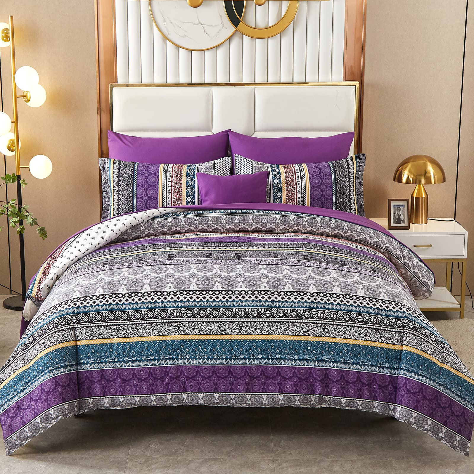 Boho Comforter Set Full Size 8 Piece Bed In A Bag Bohemian Striped Bedding Quilt Set Purple Paisley Floral Comforter And Sheet S
