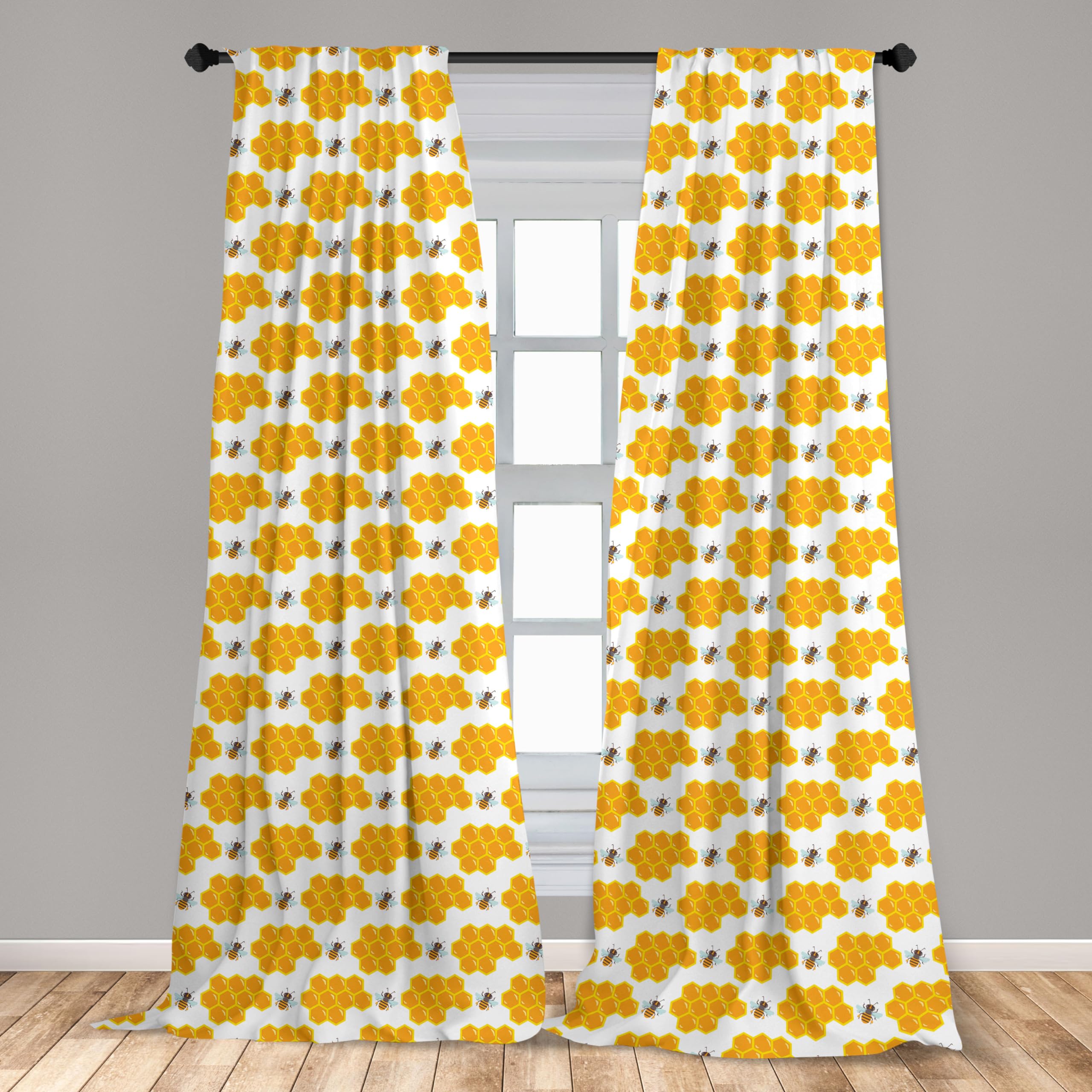 Ambesonne Cartoon Window Curtains, Bumble Bee Along Honey Comb Pattern Hexagonal Themed Illustration, Lightweight Decor 2-Panel