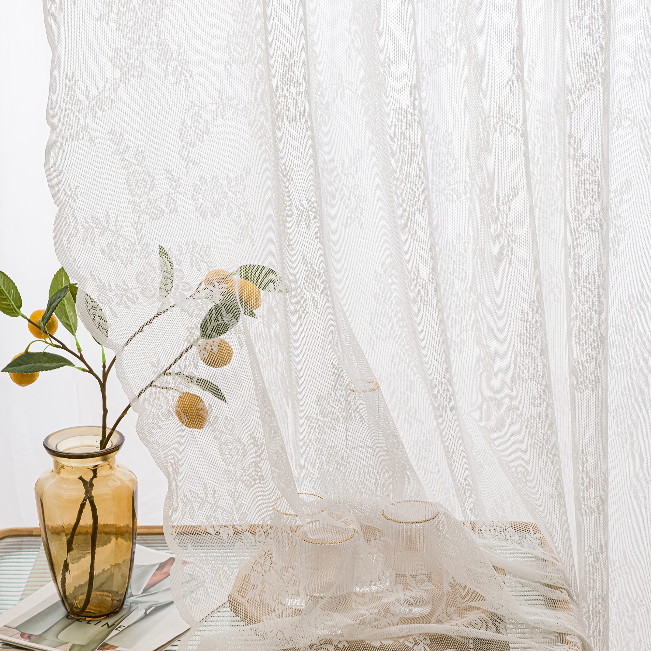 Sutuo Home Lace Curtains 2 Panels Set, White Sheer 96 Inch Long Window Floral Vintage Voile Window Panel Treatment For Bedroom/L