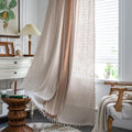 Sutuo Home Boho Curtains For Bedroom Living Room, Semi Blackout Linen Striped Farmhouse Vintage Tassels Window Treatment Bohemian Embroidery Drape, Rod Pocket 1 Panel 52' W X 120' L, Coffee Linen