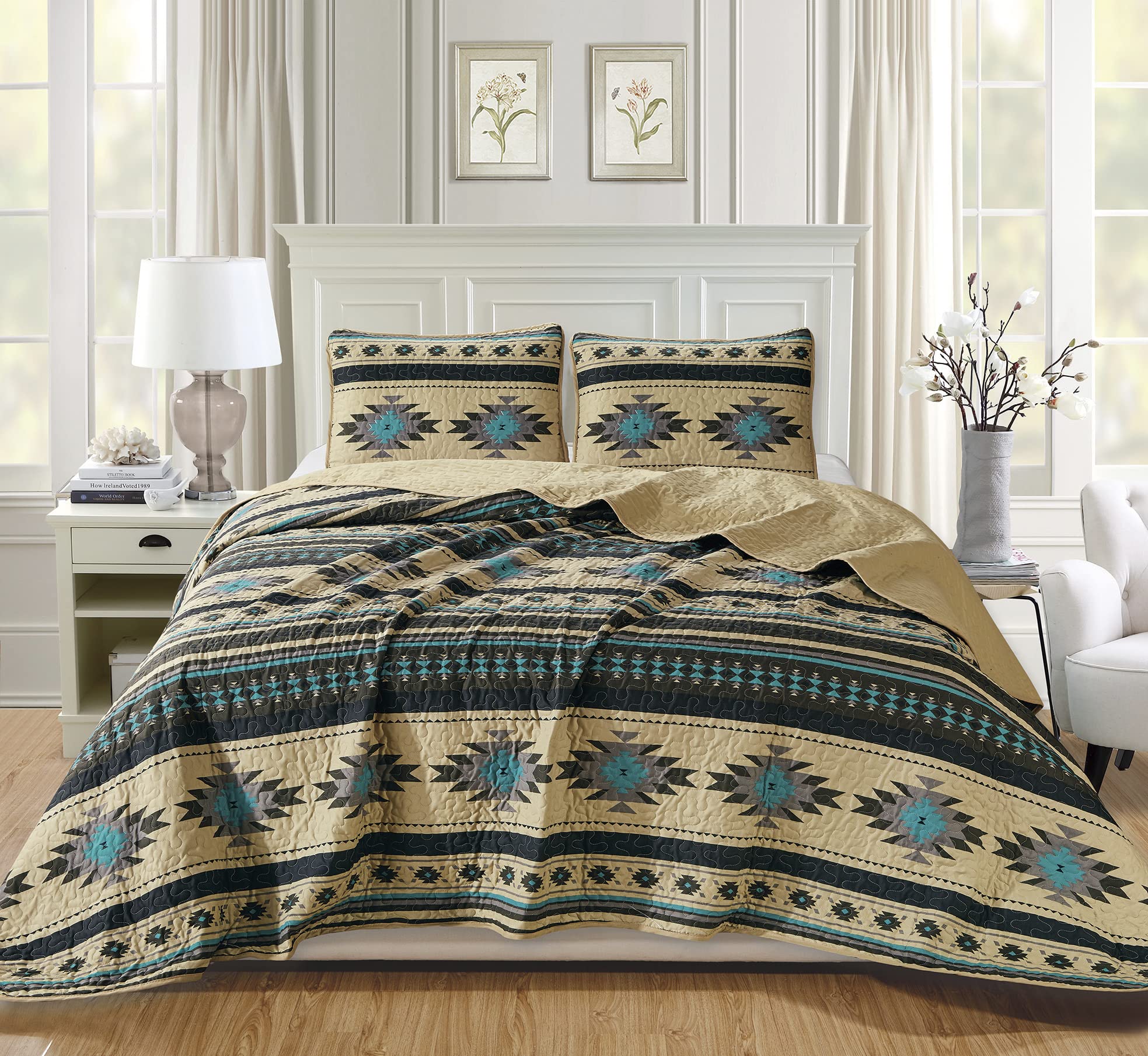Chezmoi Collection 2-Piece Southwestern Geometric Tribal Quilt Set - Multicolor Teal Beige Black Gray Lightweight Quilted Bedspr