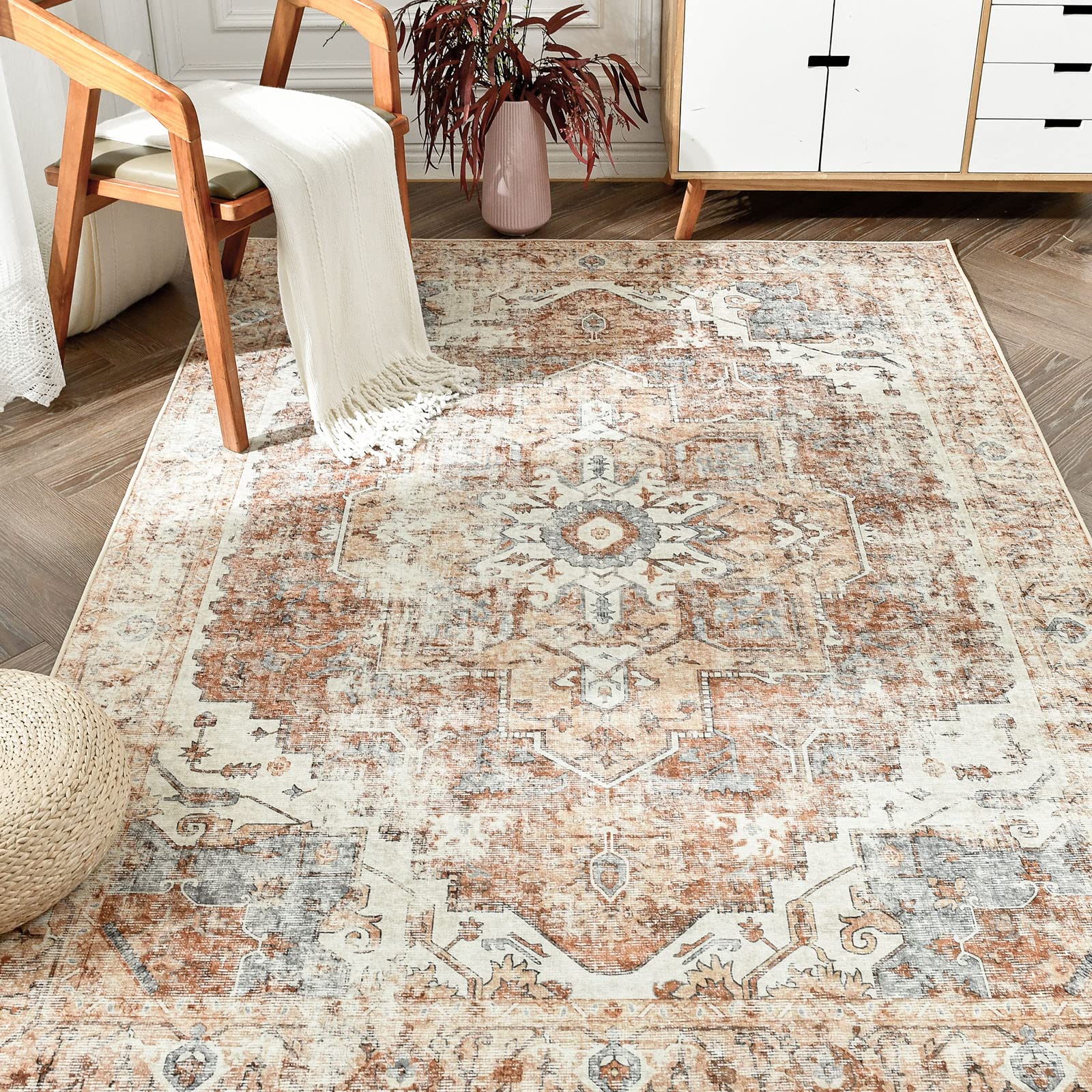 jinchan Area Rug 4x6 Washable Bedroom Rug Vintage Indoor Floor Cover Distressed Lightweight Non-Slip Low Pile Thin Mat Stain Res