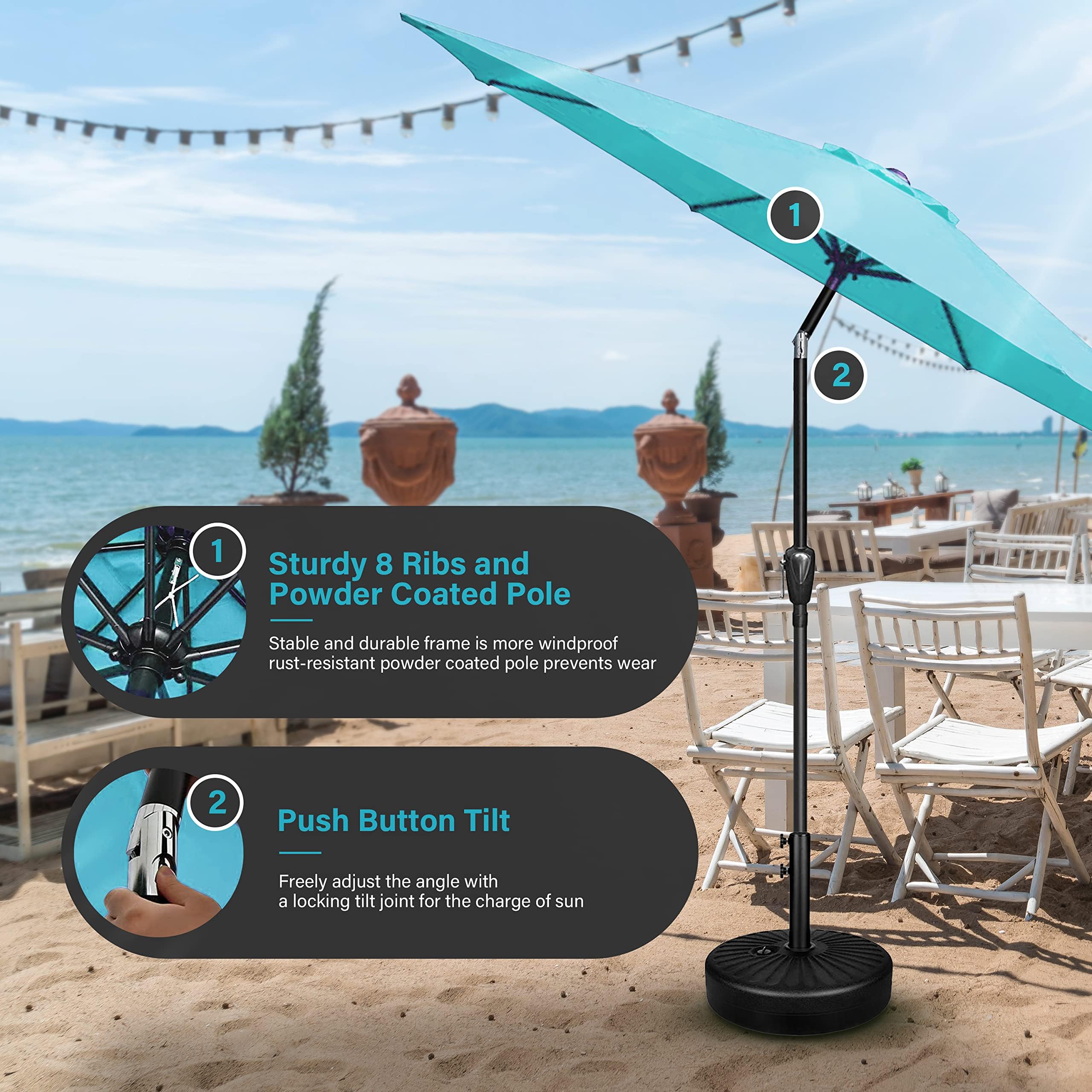 Simple Deluxe 9Ft Outdoor Patio Umbrella Table Market Umbrella With Push Button Tilt And Crank, 8 Sturdy Ribs, Uv Protection Waterproof For Garden, Lawn, Deck, Backyard, Pool,Turquoise