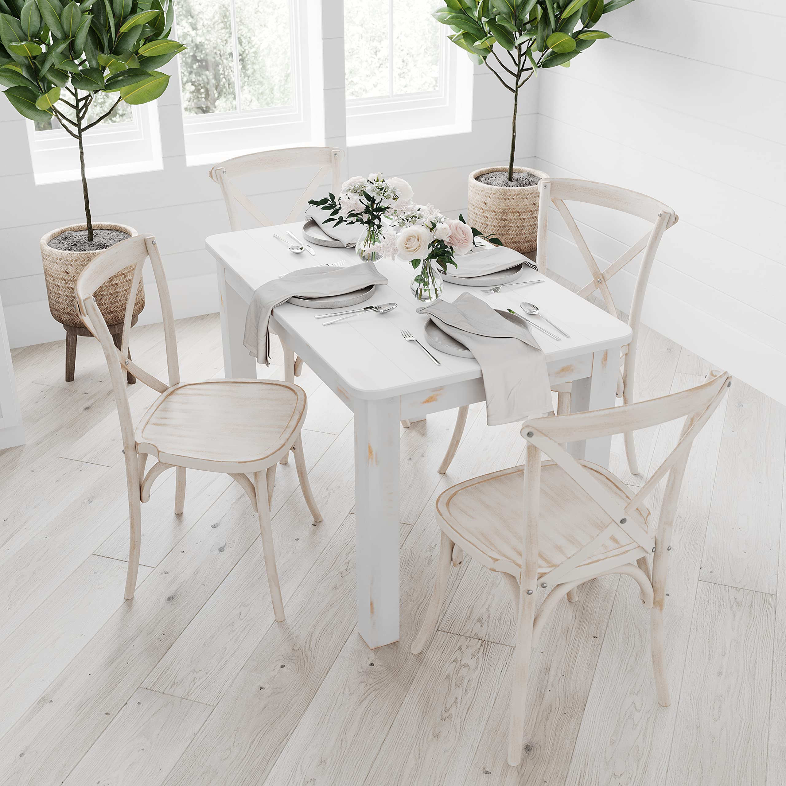 Merrick Lane Antique White Solid Wood Dining Table, Kitchen Table with Square Legs, Farmhouse Dining Table, 46 x 30, Seats 4, Ru