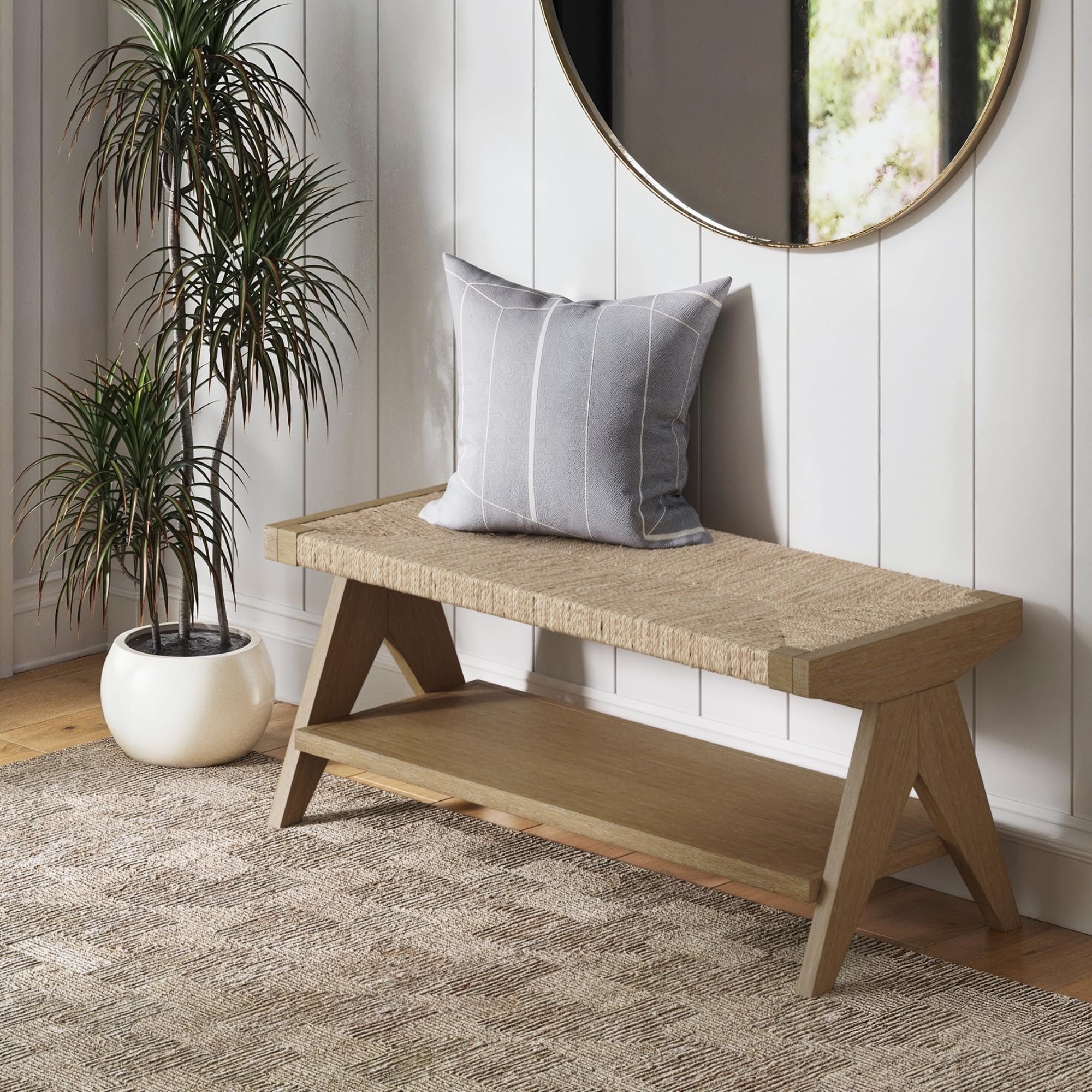 Nathan James Beacon Bohemian Bench Seat with Shoe Storage, Seagrass Entryway or End of Bed Bench with Solid Wood Frame, Brushed 