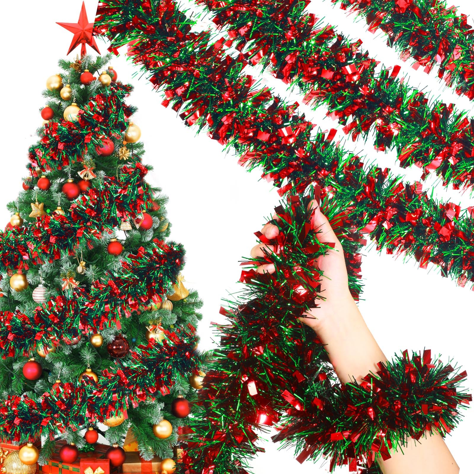WILLBOND Christmas Tinsel Garland Xmas Metallic Tinsel Twist Garland Glitter Christmas Tree Hanging Wreath Decor for Staircase R