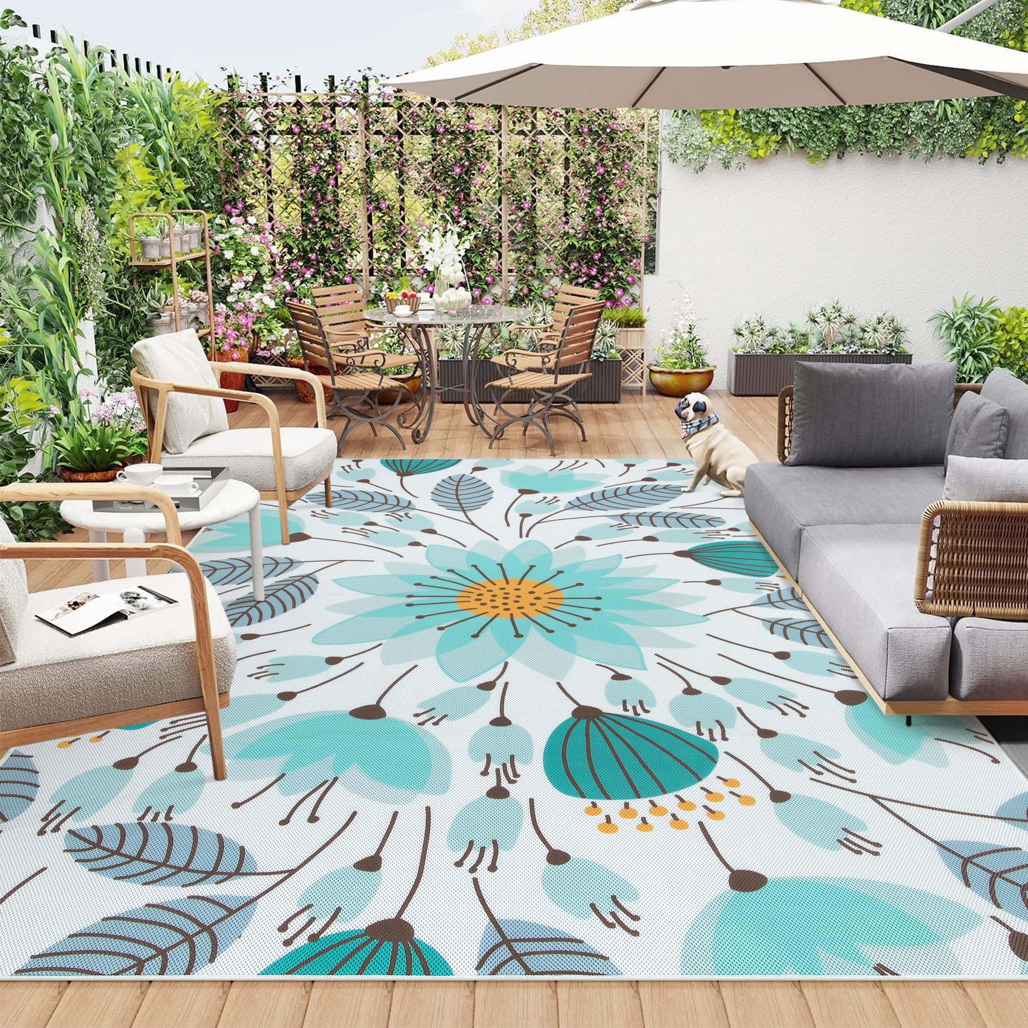 Lahome Floral Indoor Outdoor Rug 8X10, Non Slip Outdoor Patio Rug For Balcony Deck, Portable Large Outdoor Rugs For Camping Picn