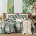 MooMee Gingham Duvet Cover Set 100% Washed Cotton Linen Like Textured Breathable Durable Soft Comfy Modern Checkered Design (Buf