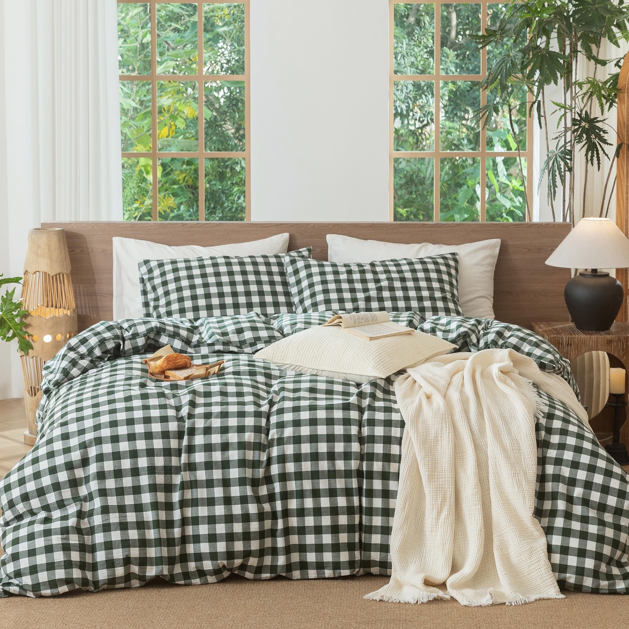 MooMee Gingham Duvet Cover Set 100% Washed Cotton Linen Like Textured Breathable Durable Soft Comfy Modern Checkered Design (Buf