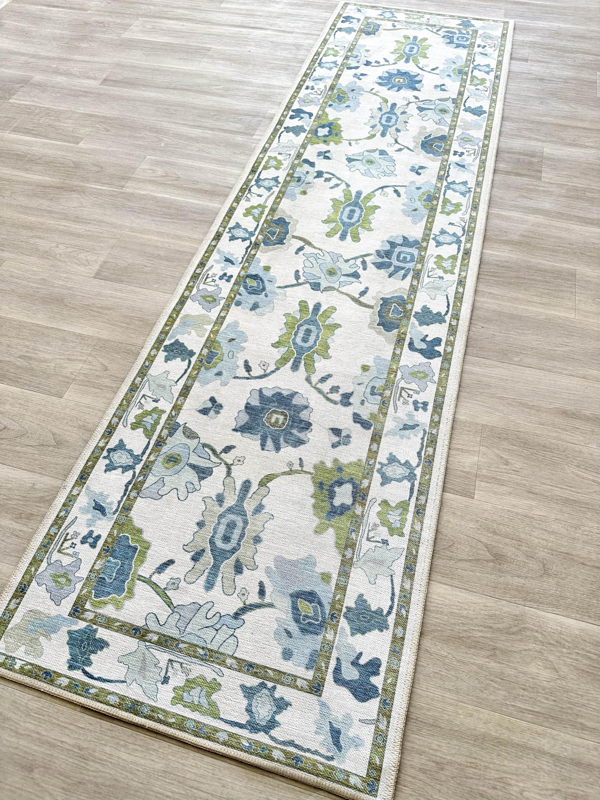 Green Oushak Runner Rug, Modern Runners, Vintage, Turkish, Eclectic, Floral, Pastel, Washable, Small Throw Rugs, Short Runner fo