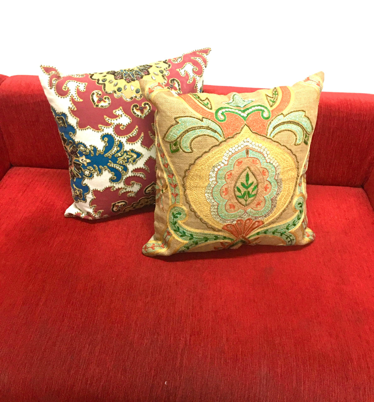 Multicolor Set Of 2 Ethnic Beaded Embroidered Square Combo Cushion Covers For Sofa Home Bedroom (18X18 Inch Or 46 X 46Cm)
