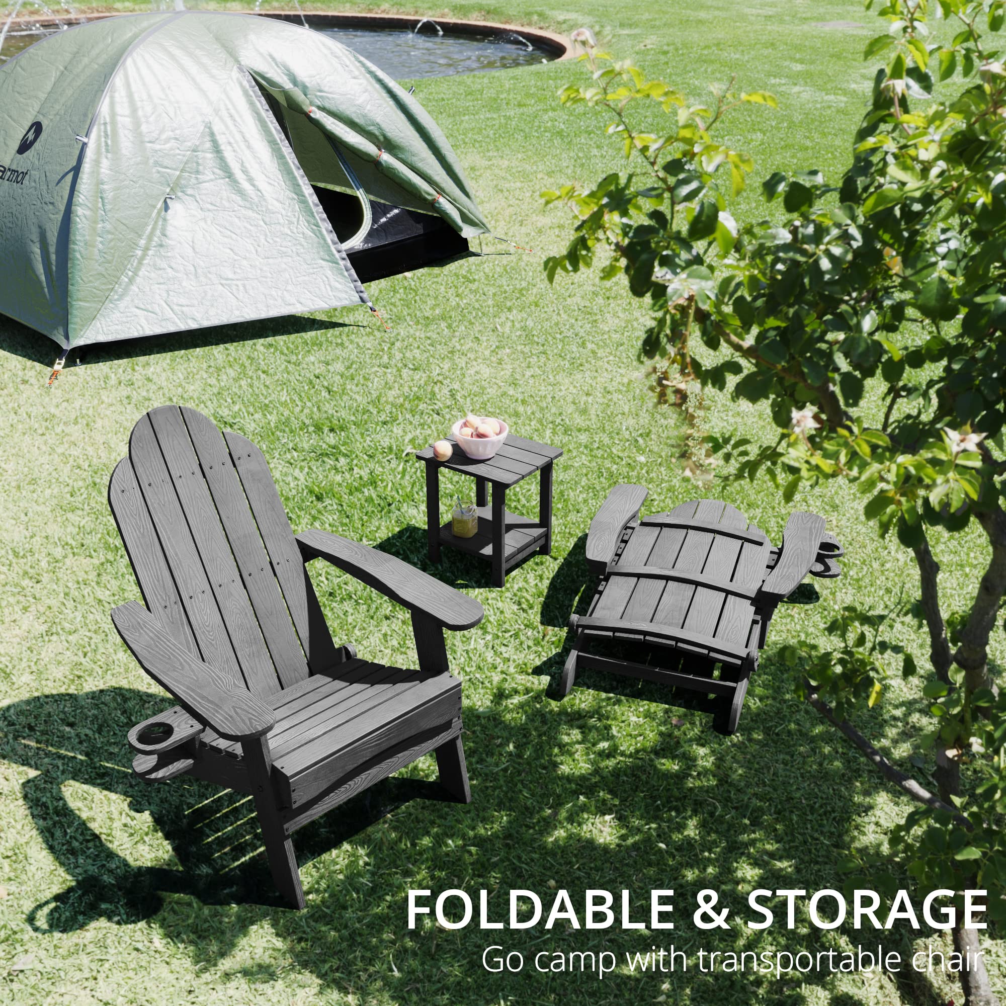 Lue Bona Folding Adirondack Chair Set Of 2, Dark Gray Hdps Outdoor Fire Pit Patio Chairs Weather Resistant, Modern Plastic Chairs With Cup Holder For Proch Garden Deck