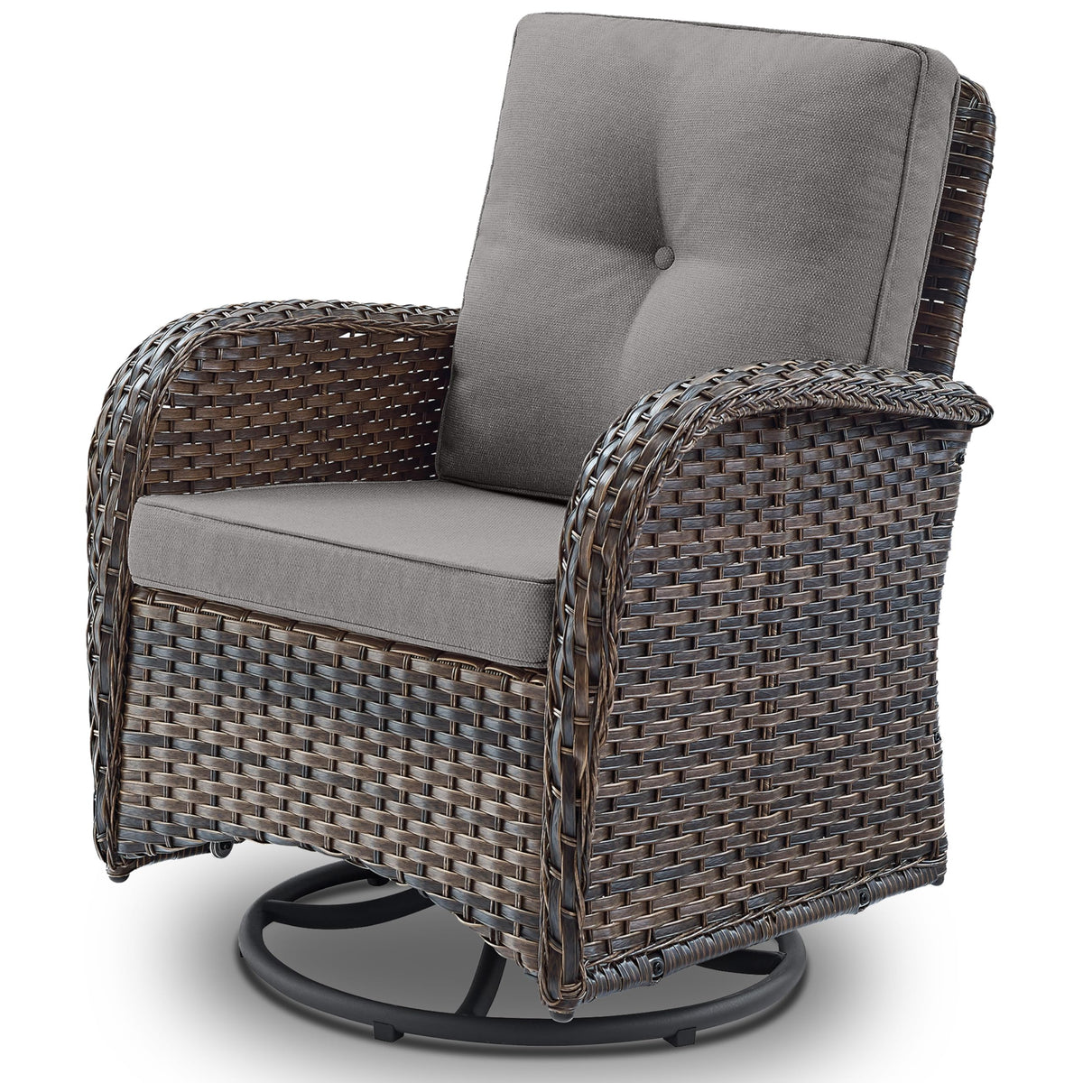 Patio Furniture Swivel Glider Pe Wicker Chair, Outdoor Swivel Rocker Seating With Cushions For Porch Deck Balcony, Brown/Gray