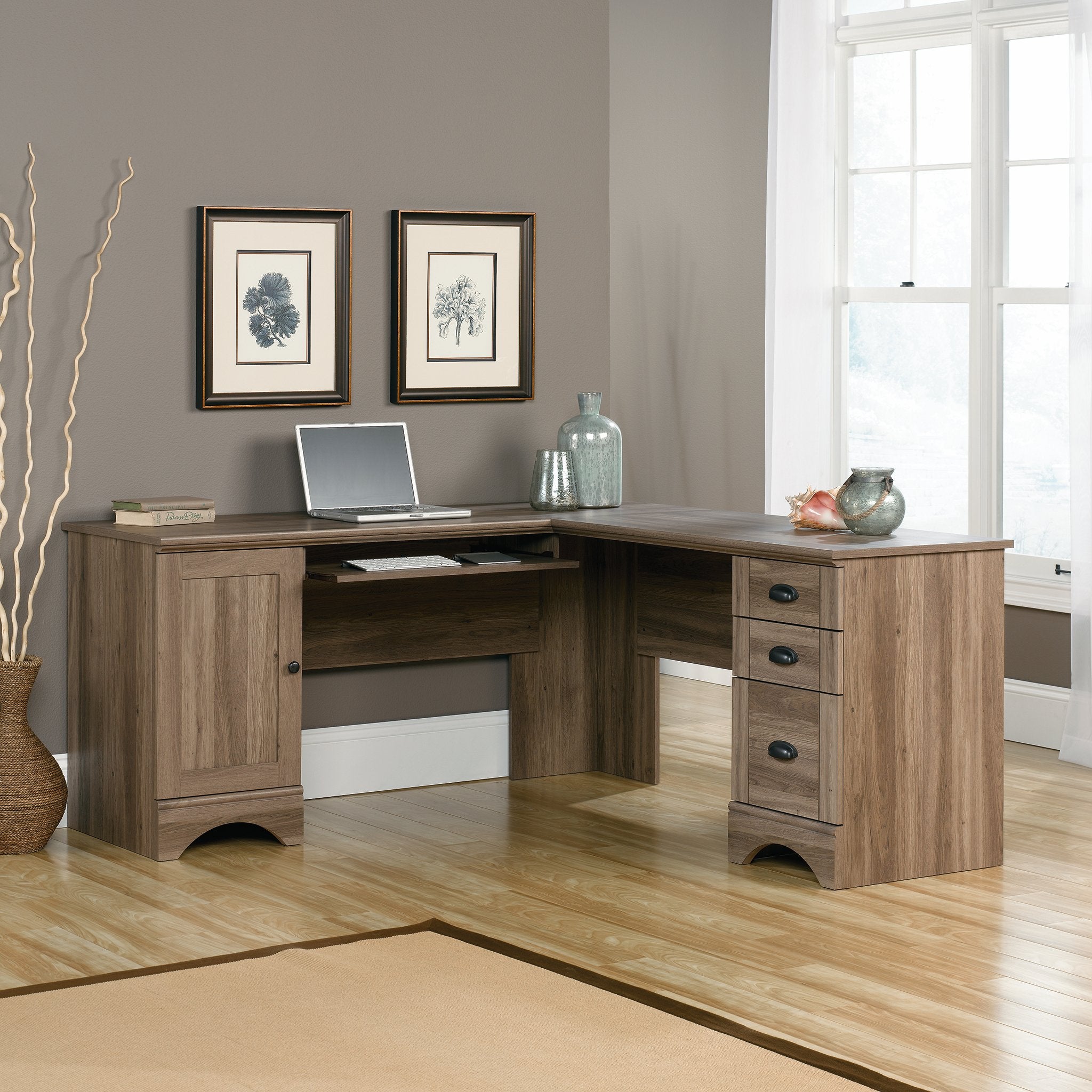 Sauder Harbor View Computer Desk, 66.14'D X 66.14'W X 30.28'H , Salt Oak Finish