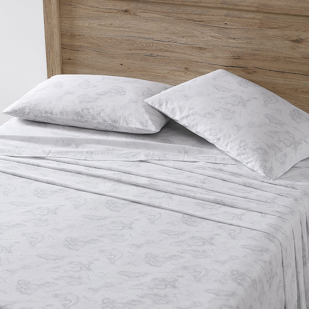 Eddie Bauer Home Sheets Cotton Percale Bedding Set,3 Pcs, Crisp & Cool, Stylish Home Decor, Twin, Fish Atol White/Grey