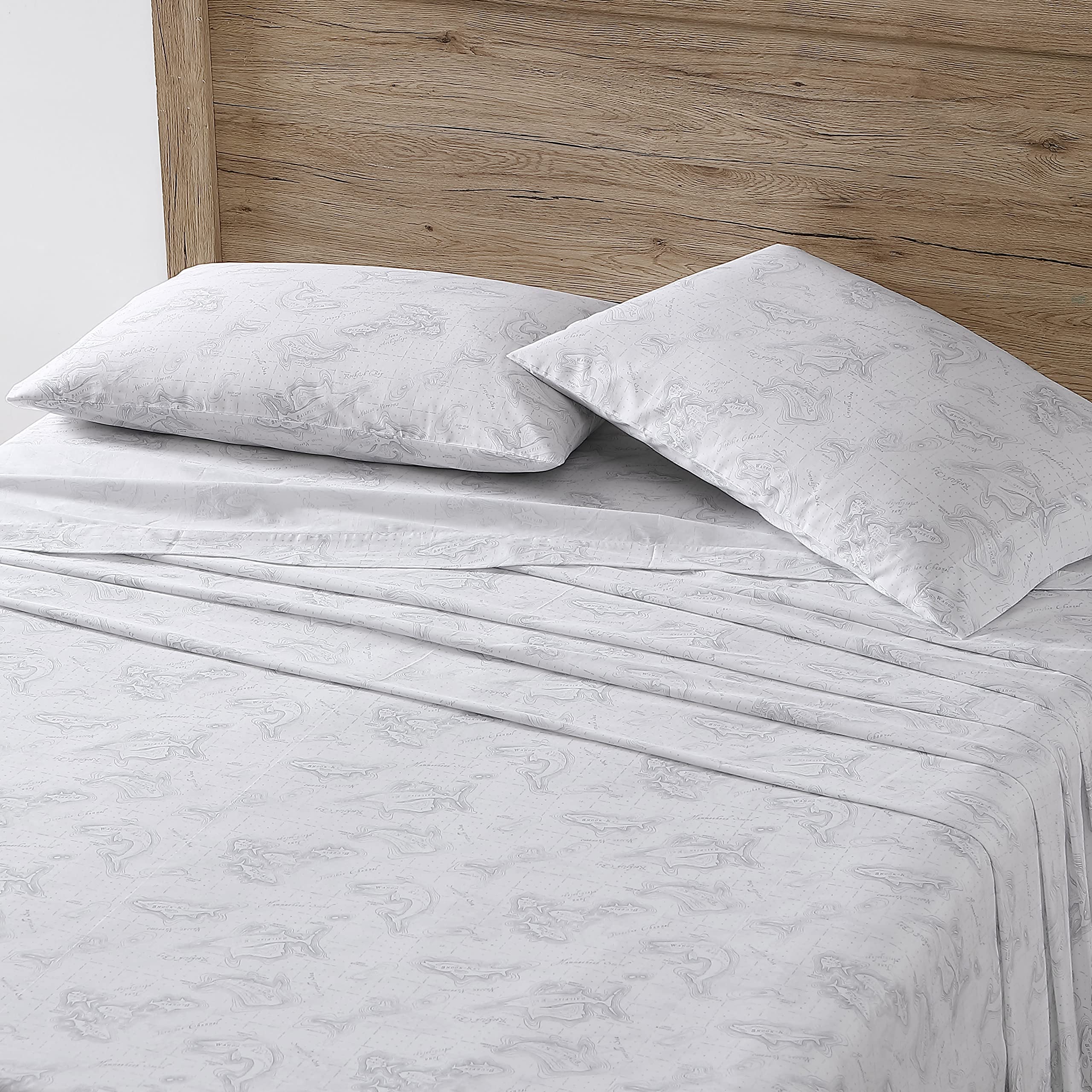 Eddie Bauer Home Sheets Cotton Percale Bedding Set, Crisp & Cool, Stylish Home Decor, Full, Fish Atol White/Grey
