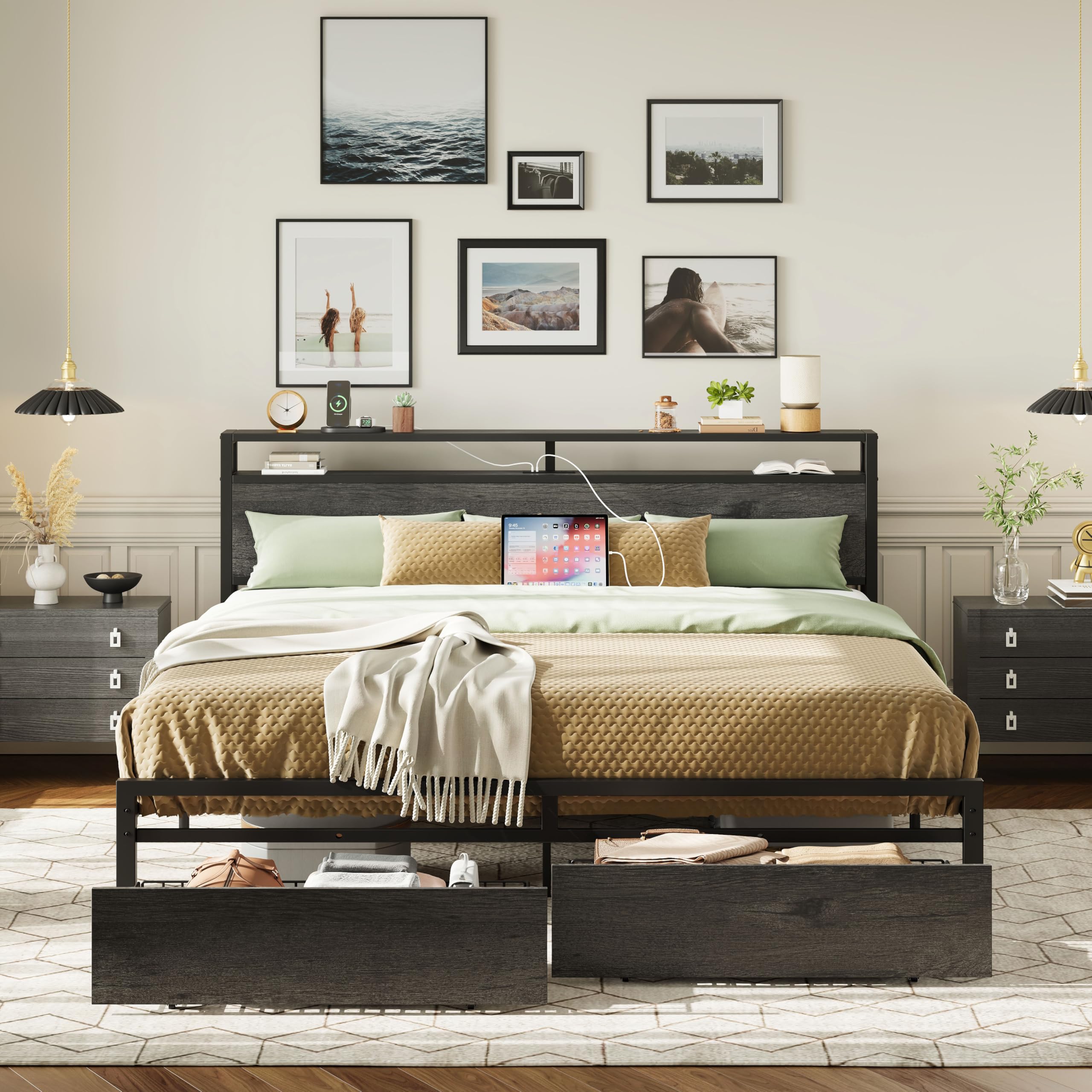 LIKIMIO California King Bed Frame with Storage Headboard, Platform Bed with Drawers and Charging Station, No Box Spring Needed, 