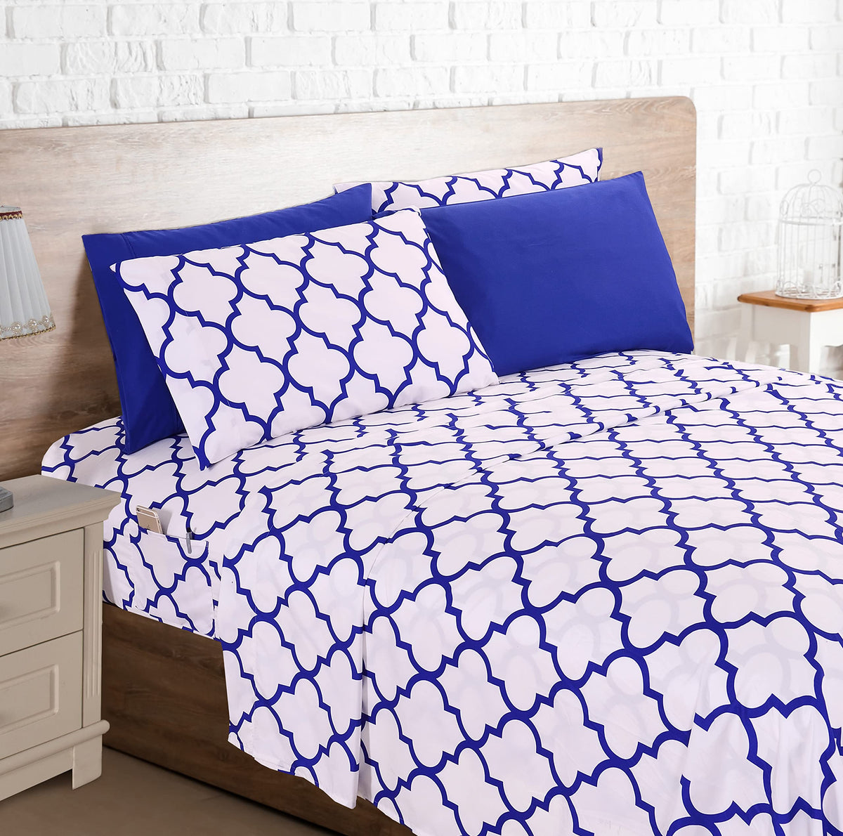 Elegant Comfort 6-Piece Moroccan Trellis Print Sheet Set, Super Cozy, Fade And Wrinkle Resistant, 1500 Premium Hotel Quality Microfiber, Deep Pocket Fitted Sheet With Smart Pockets, Full, Blue