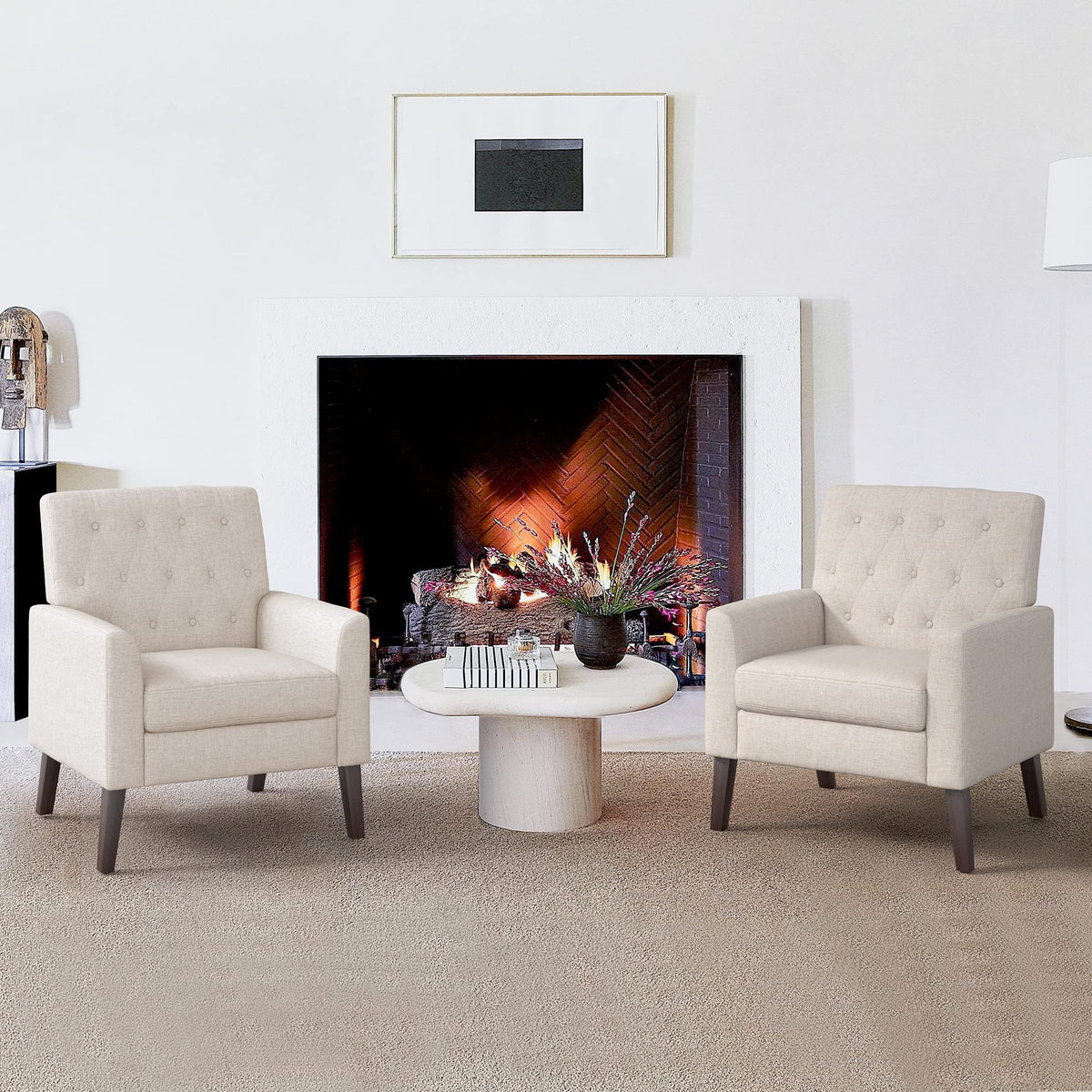Lue Bona Linen Accent Chairs Set Of 2 18.5' H, Comfy Living Room Chair With Arms, Upholstered Button Tufted Armchair, Modern Ar