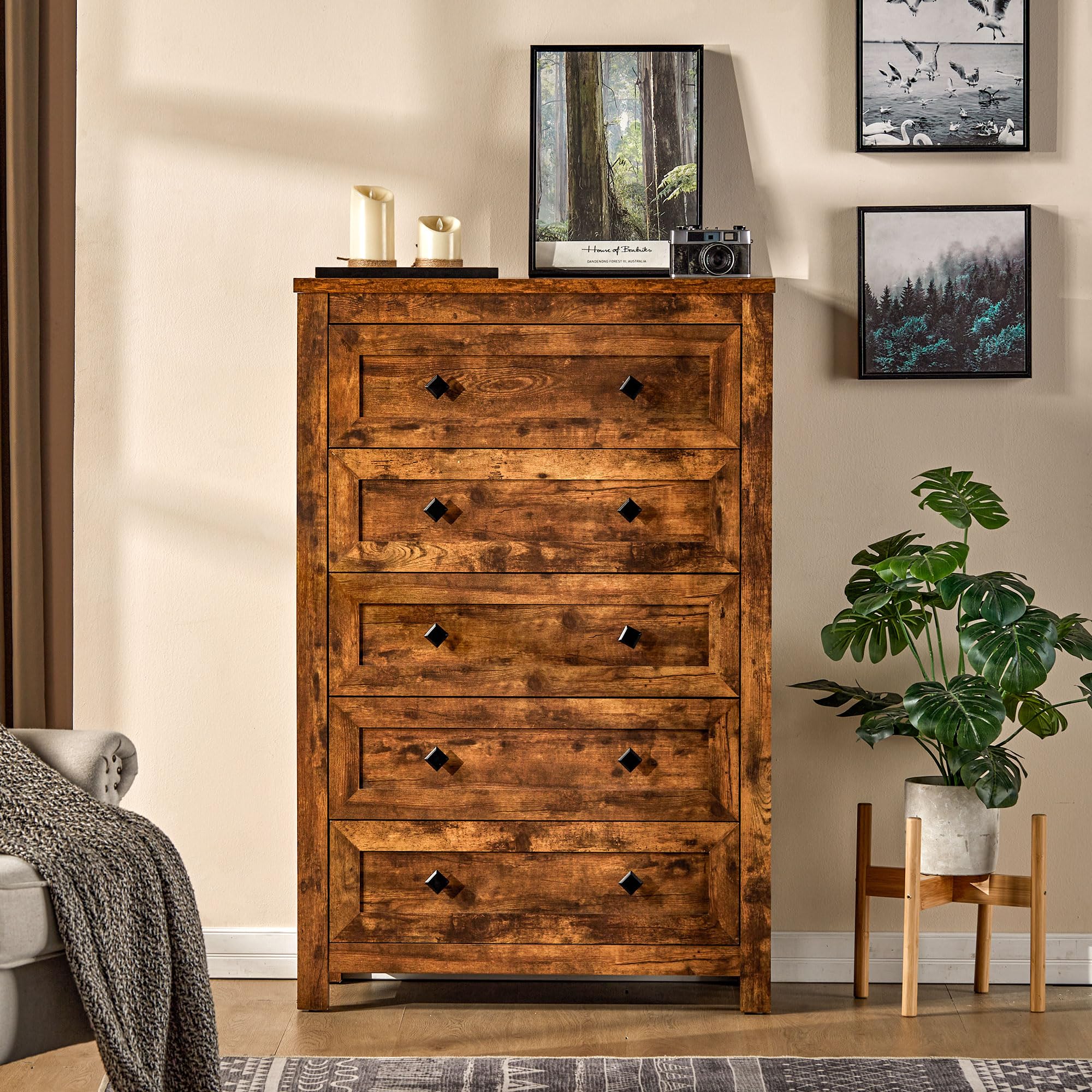 VanAcc Farmhouse Tall 5-Drawer Dresser, 48    Wood Chest of Drawers for Bedroom, Storage Cabinet for Living Room, Hallway, Vinta
